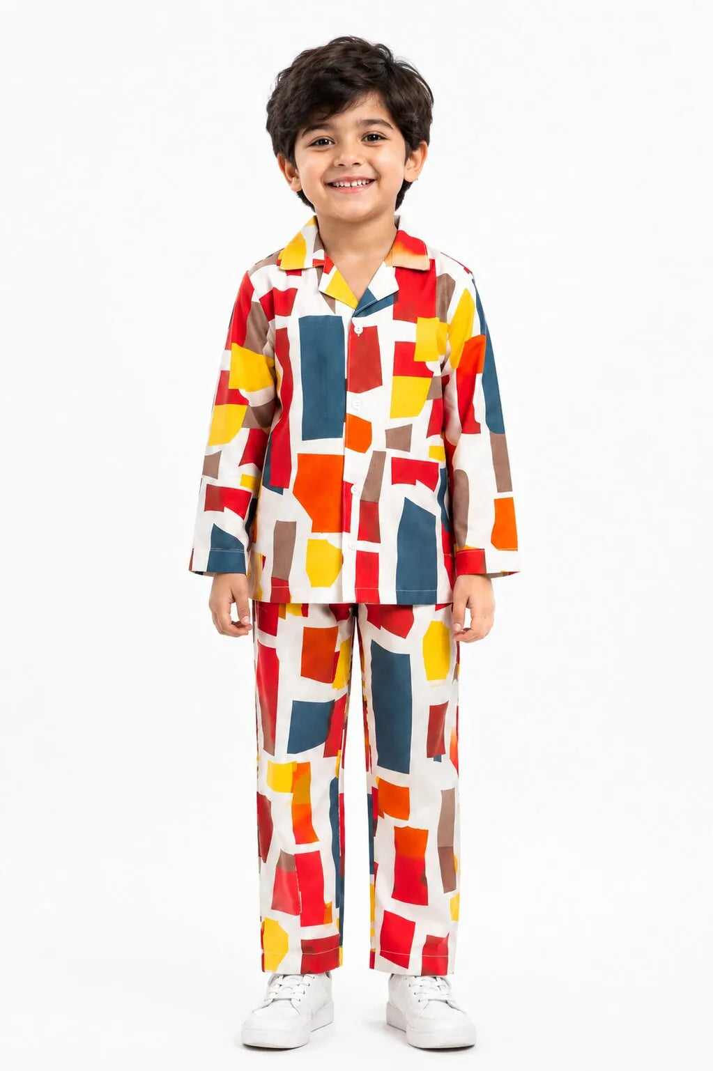 Boys Multi-Colored Abstract Geometric Print Pure Cotton Night Suit