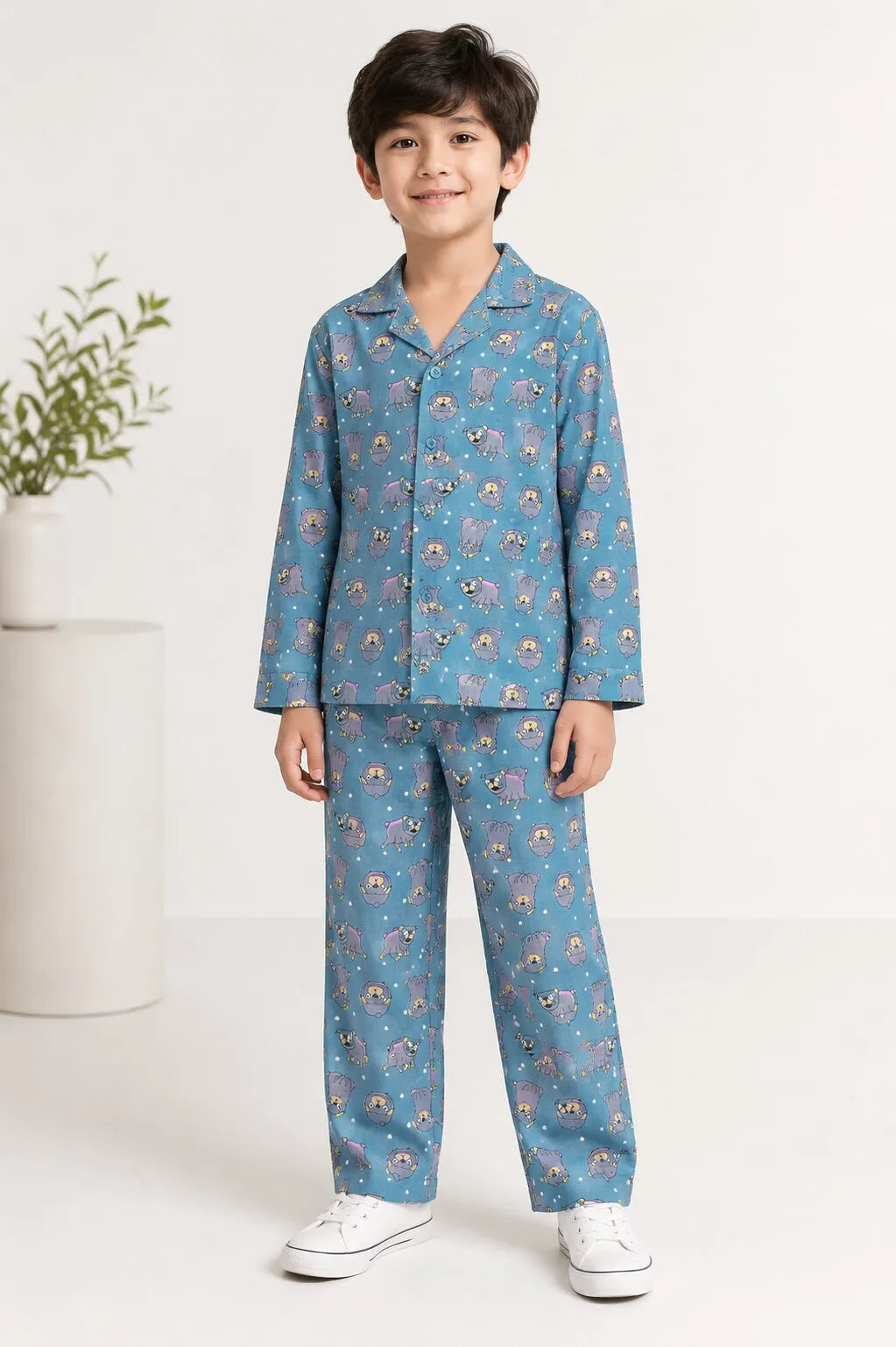 Teal Blue & Grey Hedgehog Print Pure Cotton Night Suit