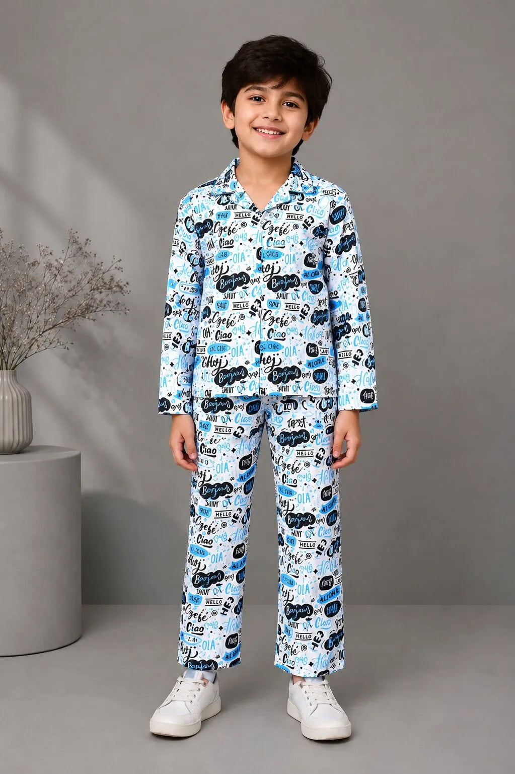 Kids' Satin "Hello" Multilingual Print Night Suit