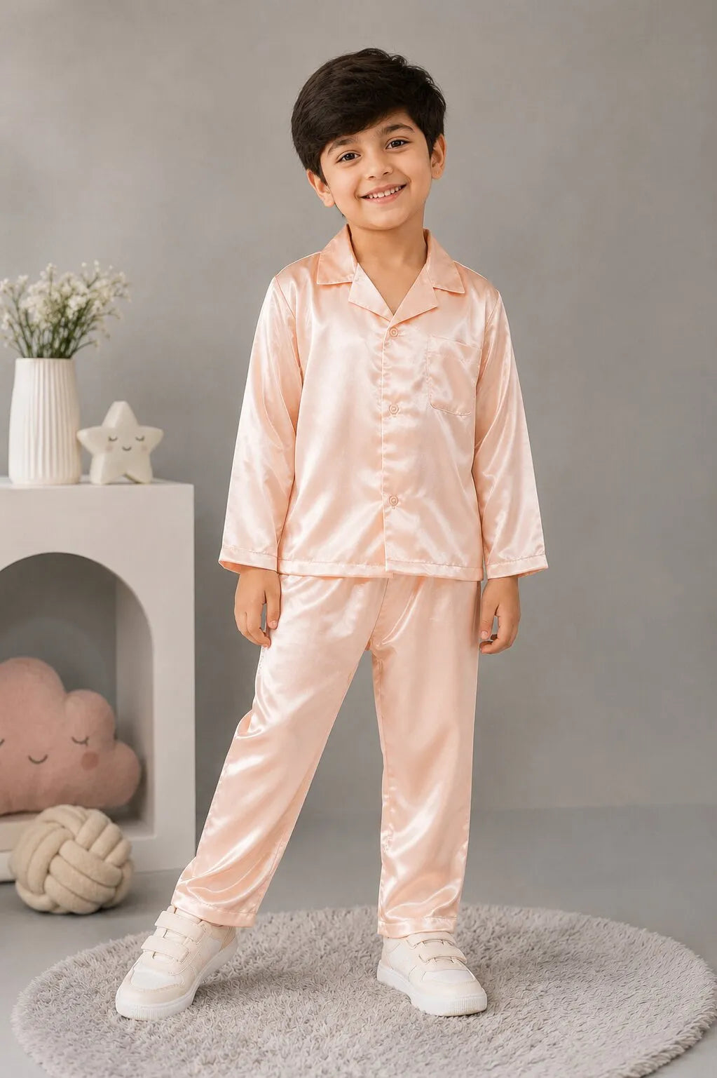Kids' Peach Solid Satin Night Suit