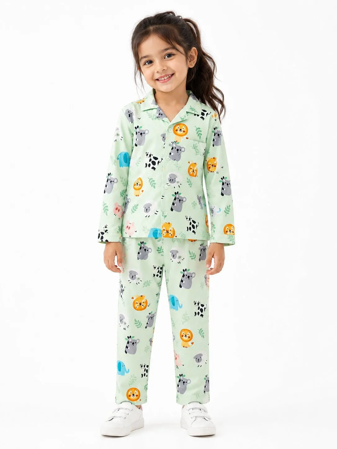 Kids Mint Green Animal Print Satin Nightsuit Set