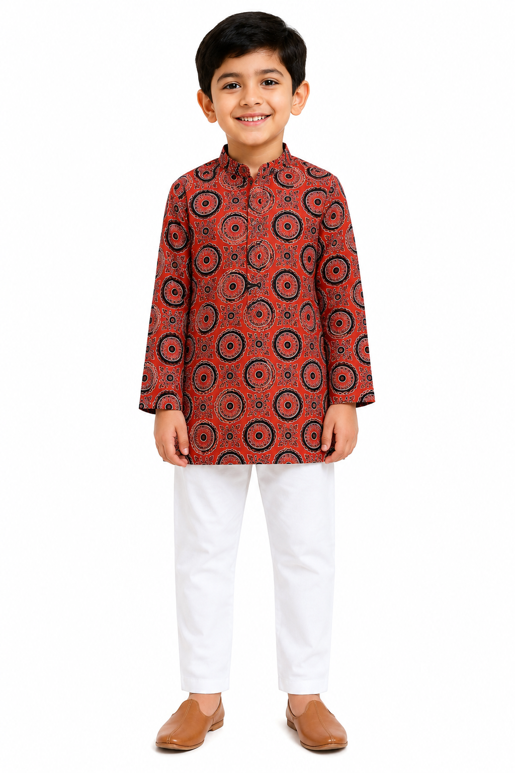 Boys Rust Red & Black Ajrakh-Inspired Mandala Printed Pure Cotton Kurta with Pyjamas