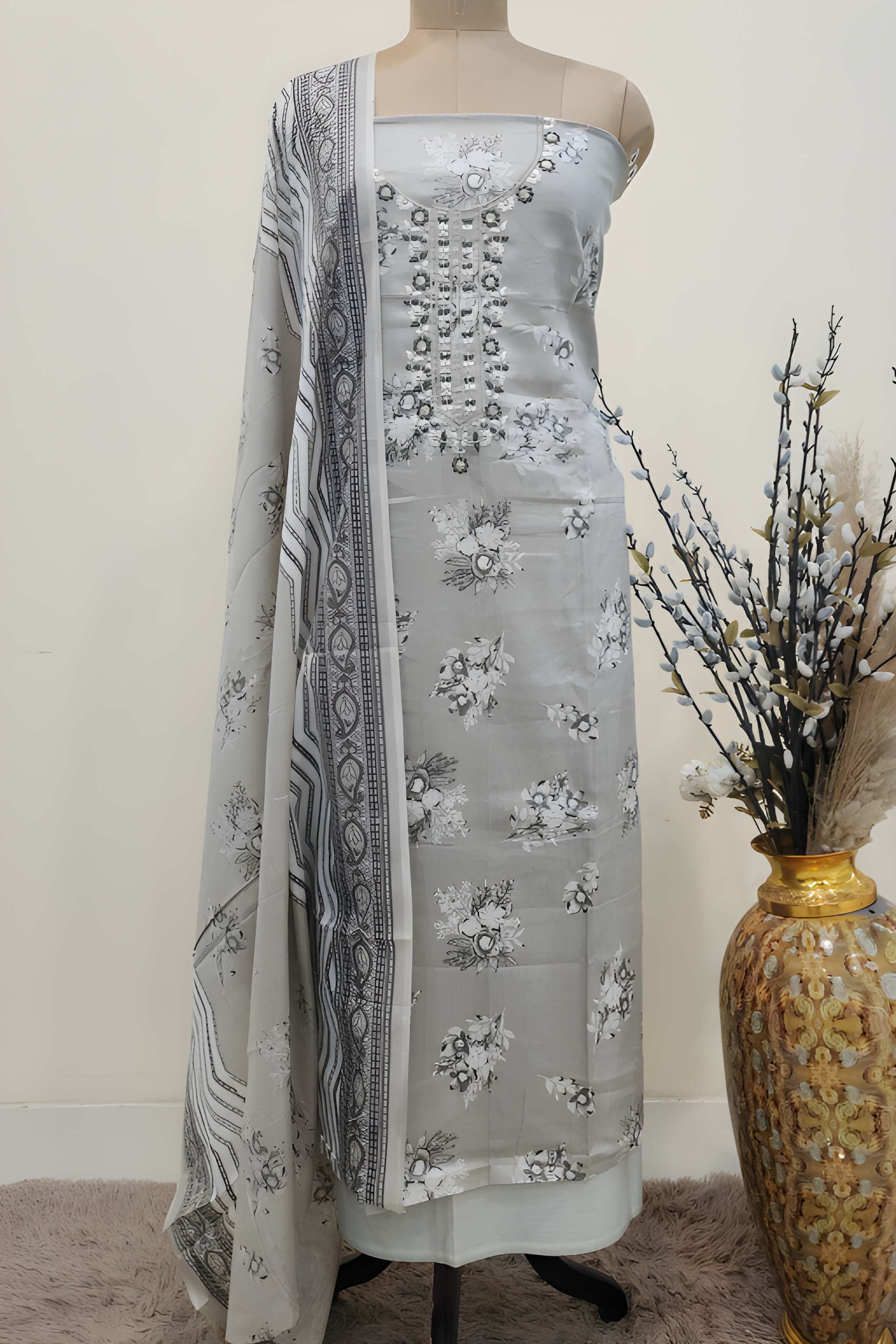 Women's  Grey Floral Printed Cotton Unstitched Suit Set