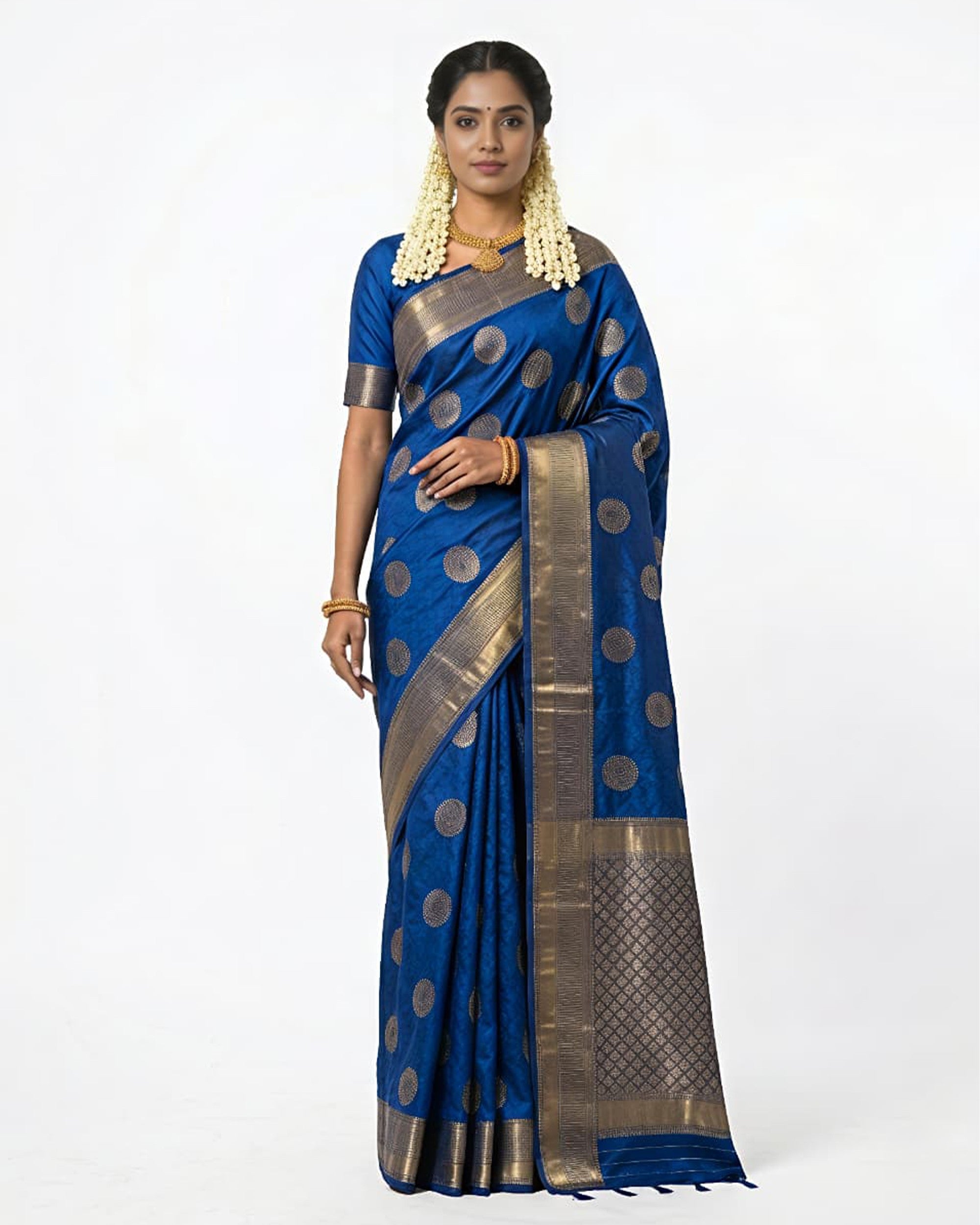 Women Royal Blue & Gold-Toned Art Silk Woven Design Banarasi Saree
