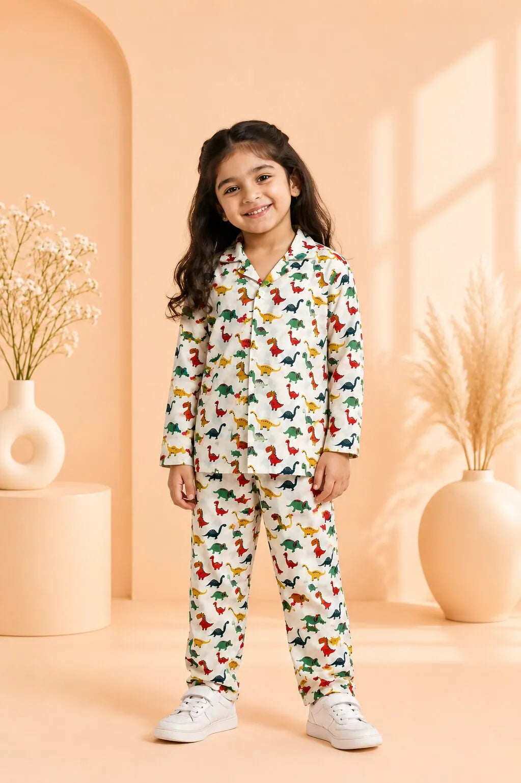 Kids' Dinosaur Print Cotton Girls Night Suit