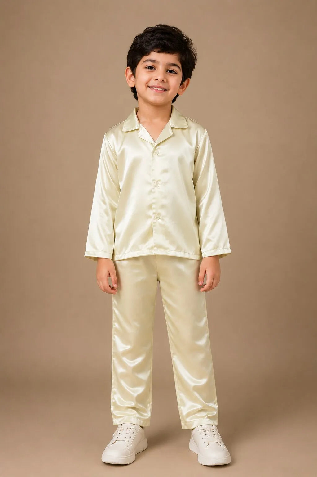 Boys' Luxurious Solid Satin Night Suit – Comfortable Full-Sleeve Button-Down Shirt & Pyjama Set
