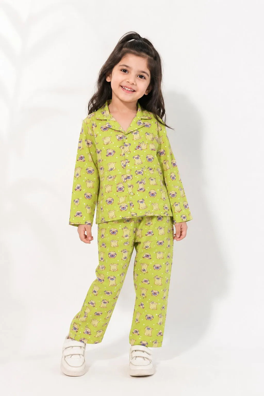 Girls' Lime Green Pug Print Pure Cotton Night Suit