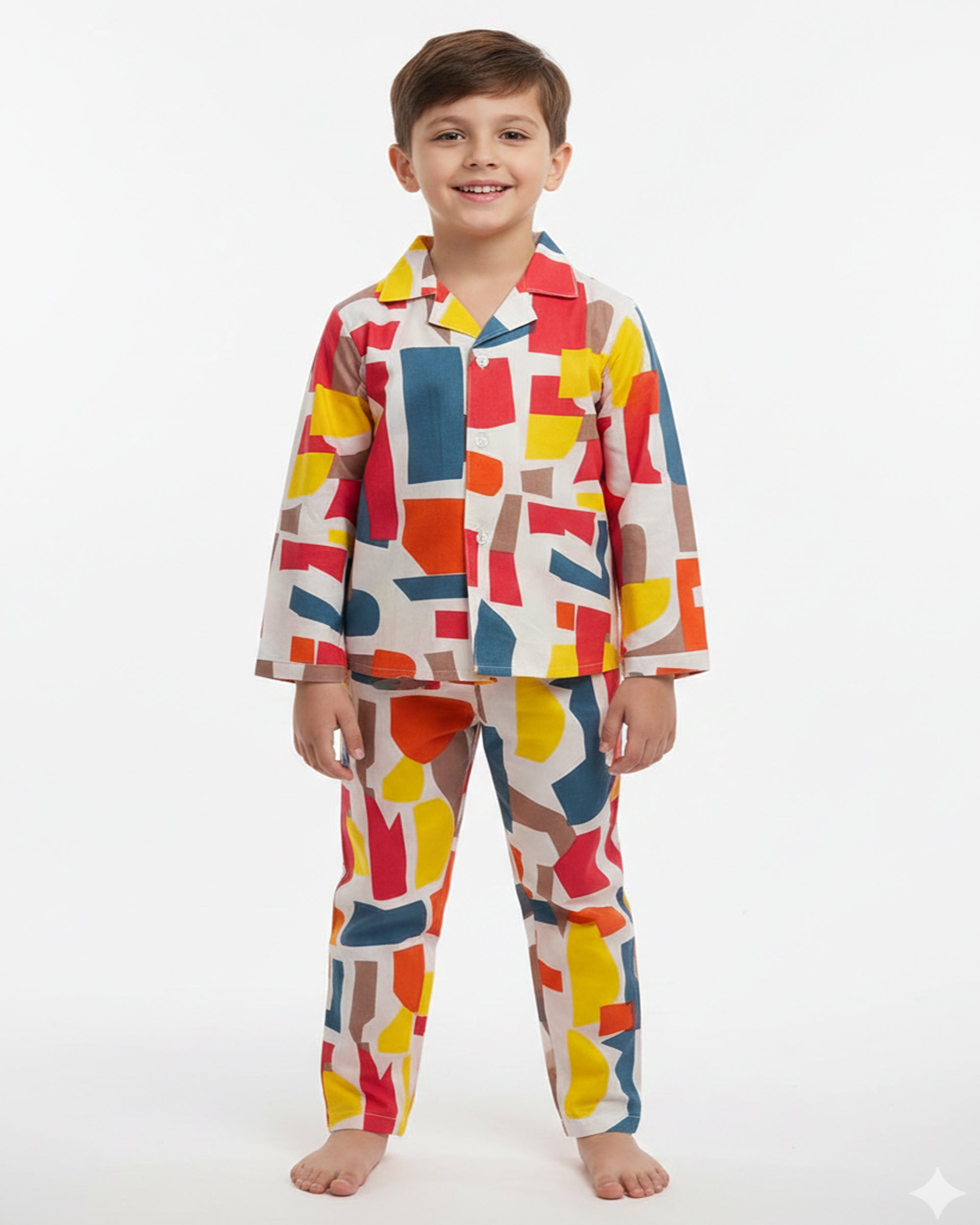 Boys Multi-Colored Abstract Geometric Print Pure Cotton Night Suit