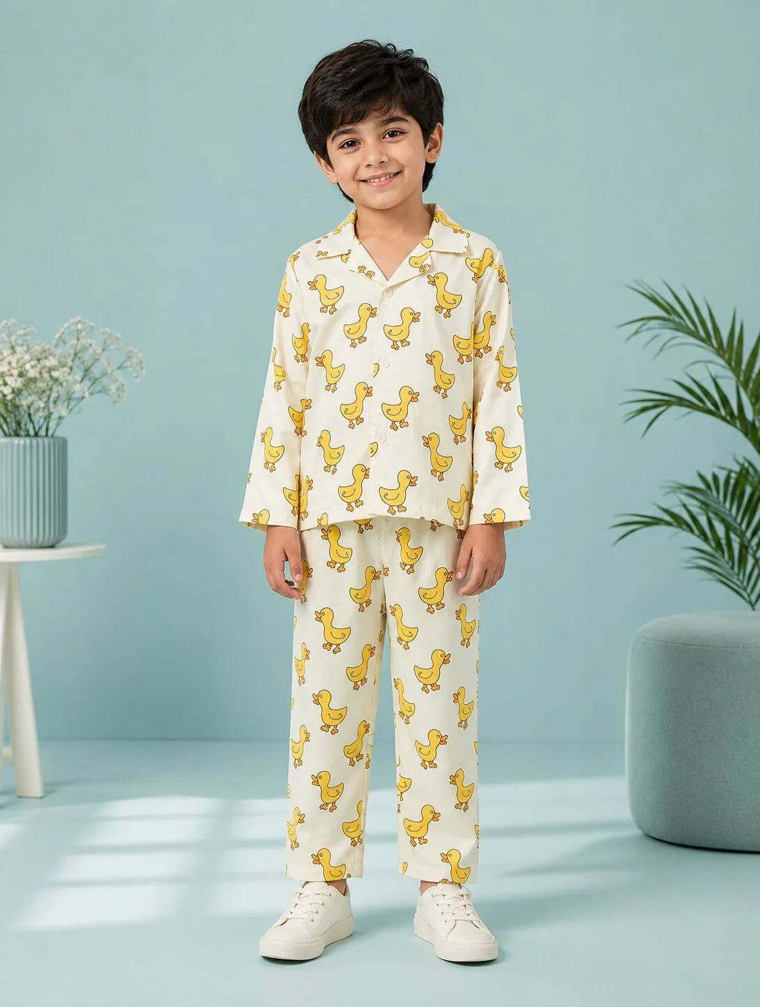 Boys Off-White & Yellow Satin Duck Printed Nightsuit