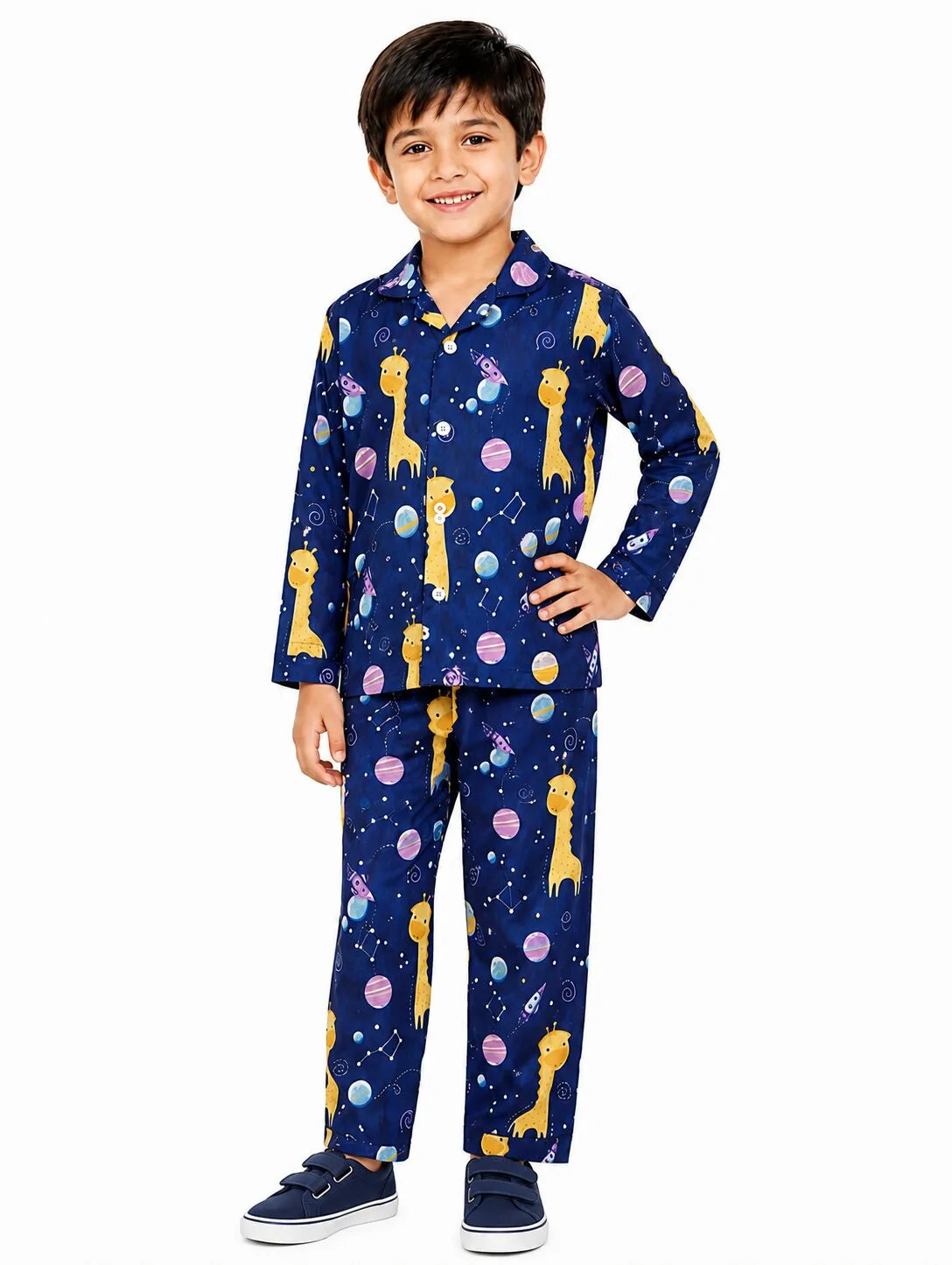 Kids Boys Navy Blue & Yellow Giraffes in Space Printed Night Suit