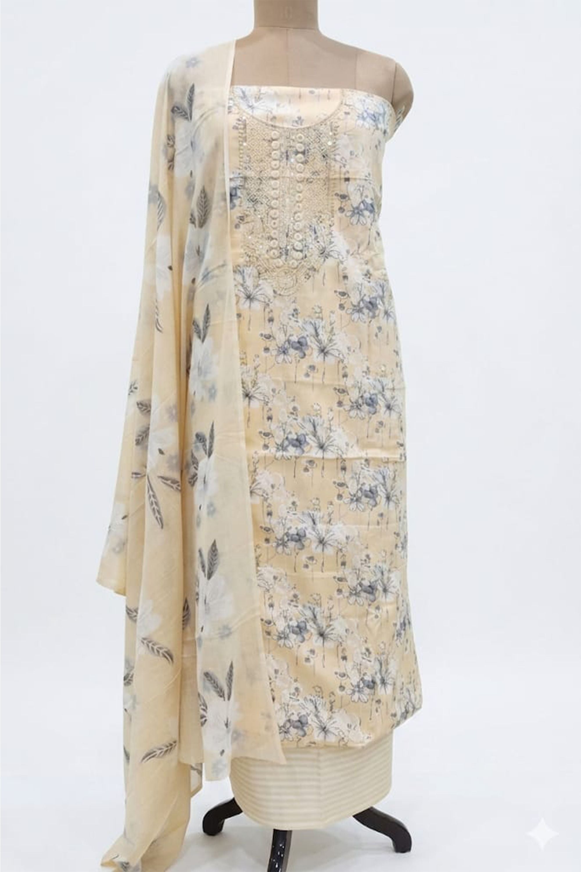 Women's Pure Cotton Cream Floral Print Unstitched Suit Set