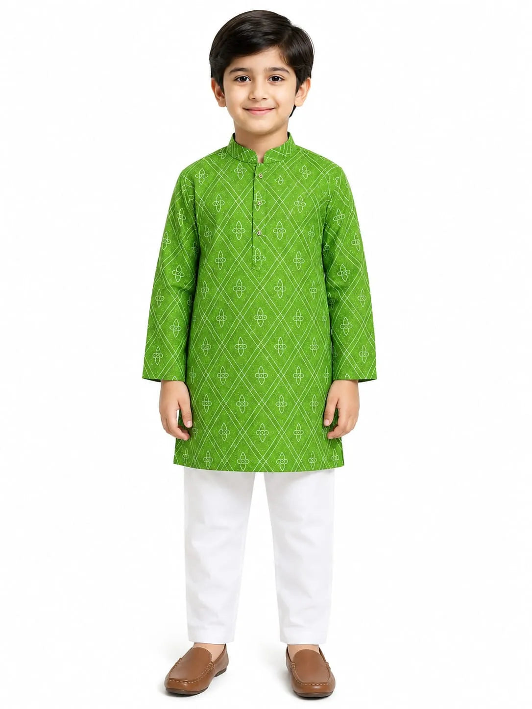 Boys Green & White Geometric Print Pure Cotton Kurta with Pyjamas