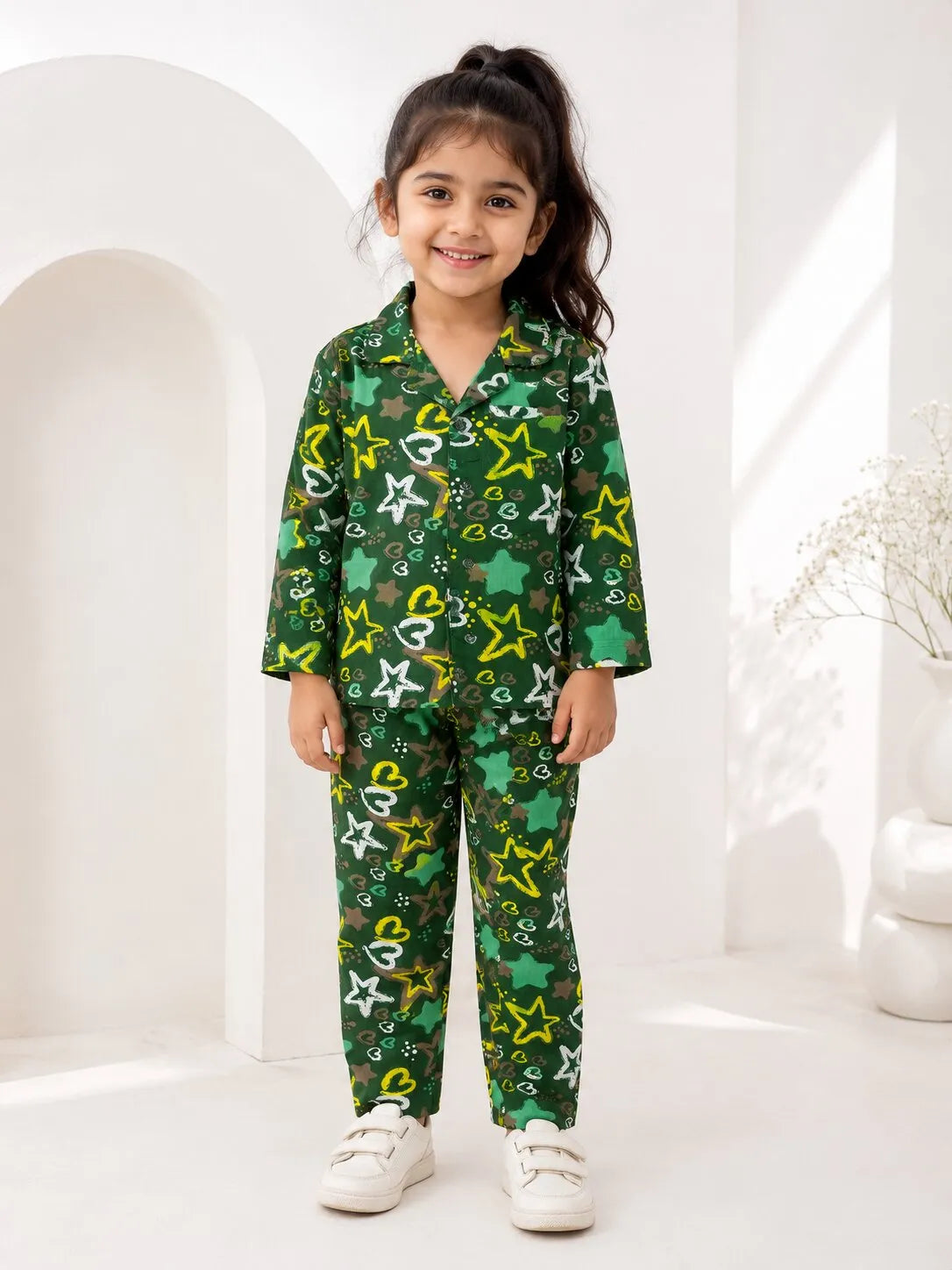 Girs  Pure Cotton Olive Green Star & Heart Print Night Suit
