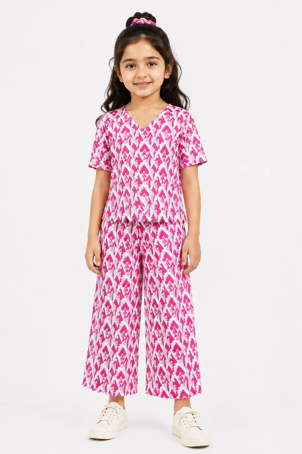 Girls Pink Ikat Printed Co-ord Set - Scallop Hem V-Neck Top & Wide-Leg Trousers