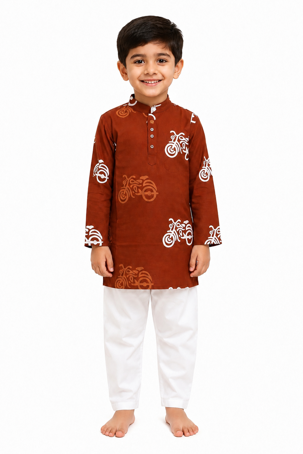 Boys Rust-Brown Auto/Bike Print Cotton Kurta with Pyjama Set
