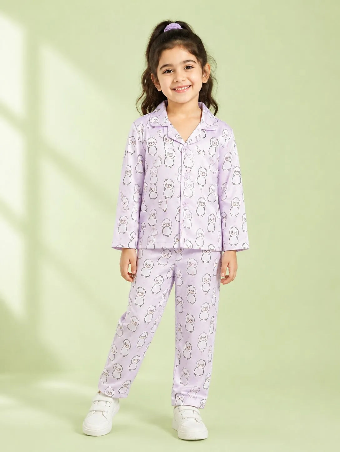 Girls Pink & White Cartoon Print Satin Night Suit Set