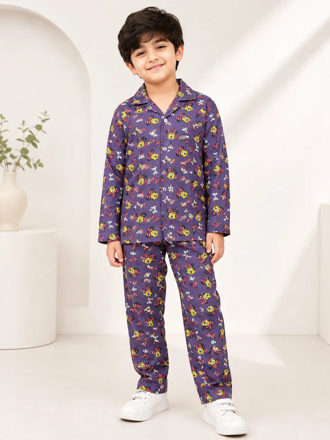 Kids Mauve & Yellow Character Print Night Suit