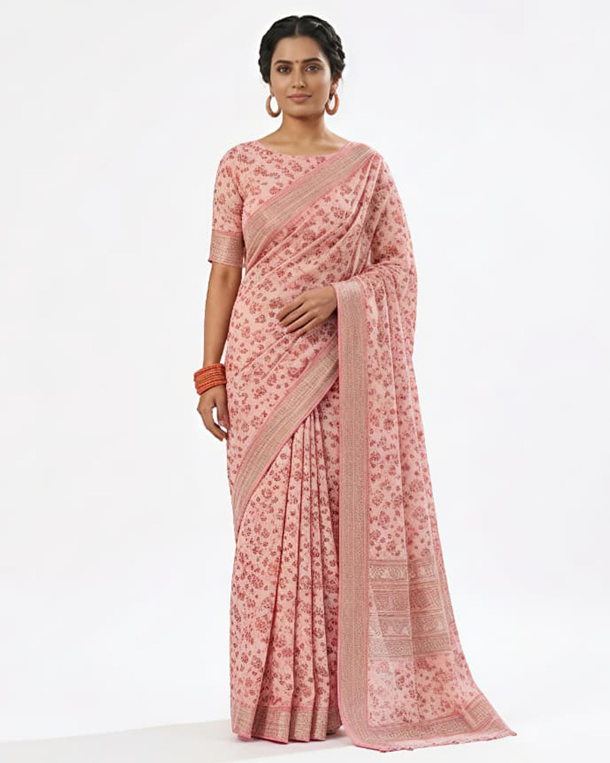 Pink & Red Floral Printed Pure Cotton Saree with Zari Border