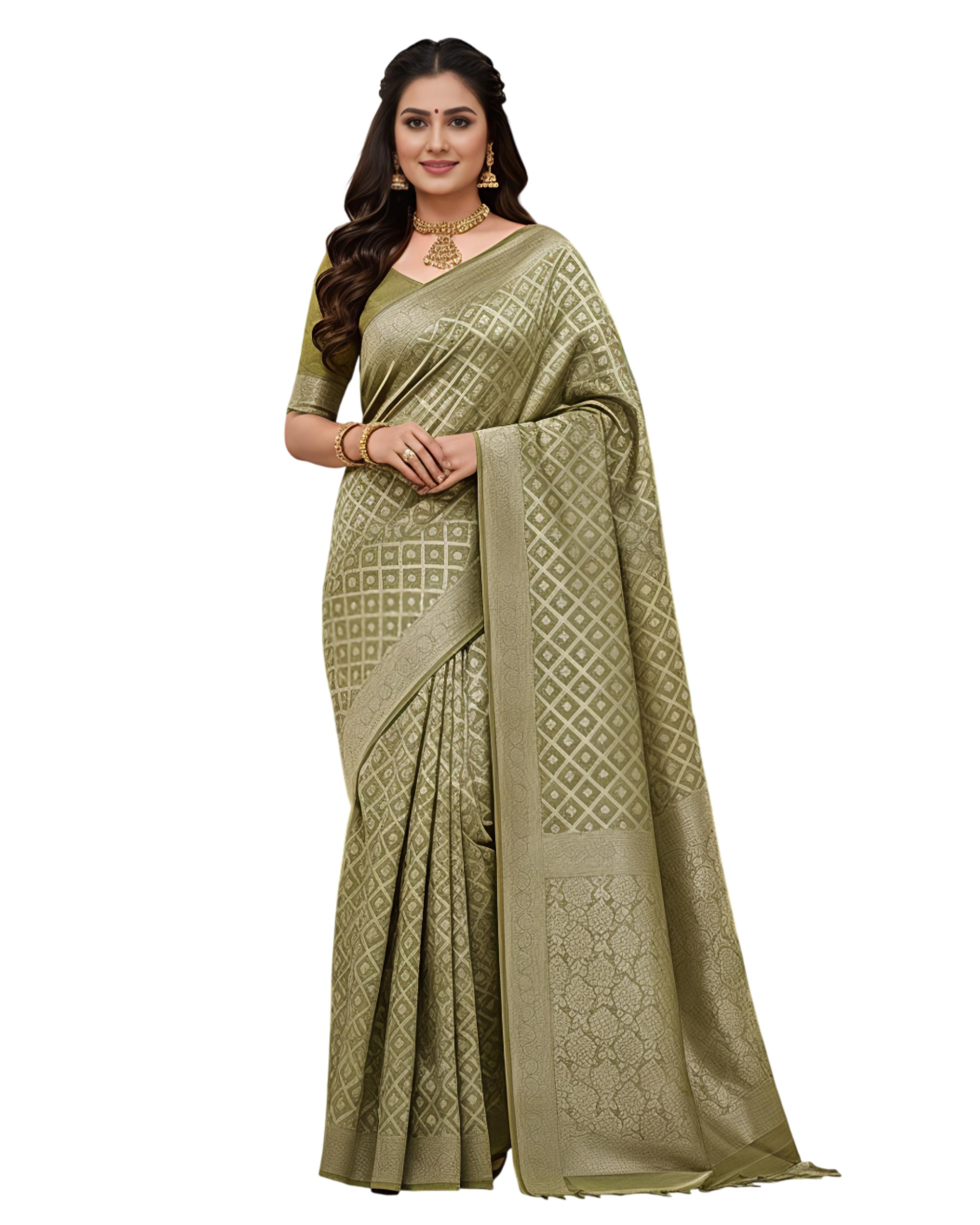 Women Olive Green & Gold-Toned Silk Blend Woven Design Banarasi Saree