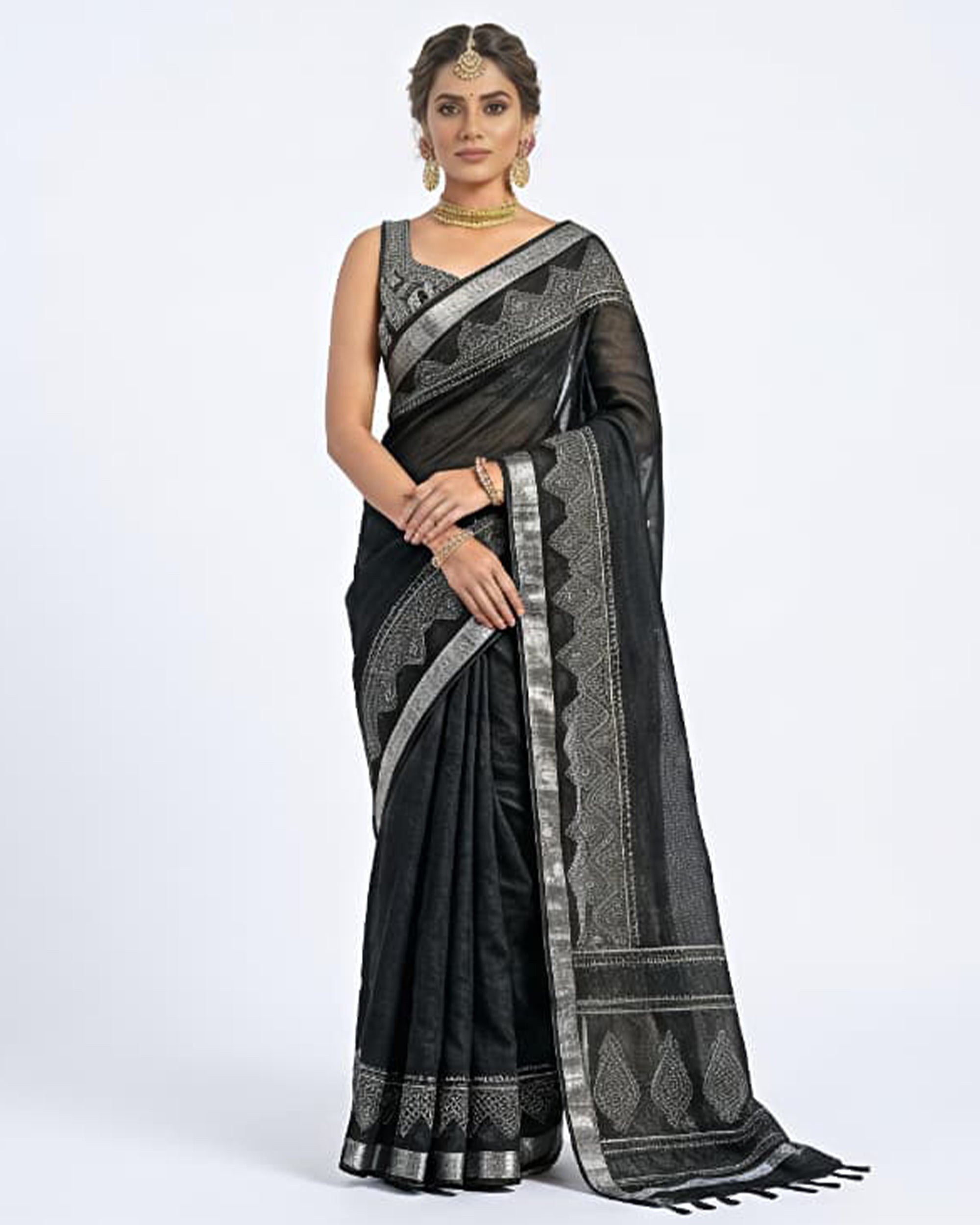 Women Black & Silver-Toned Pure Cotton Woven Design Saree with Tassels