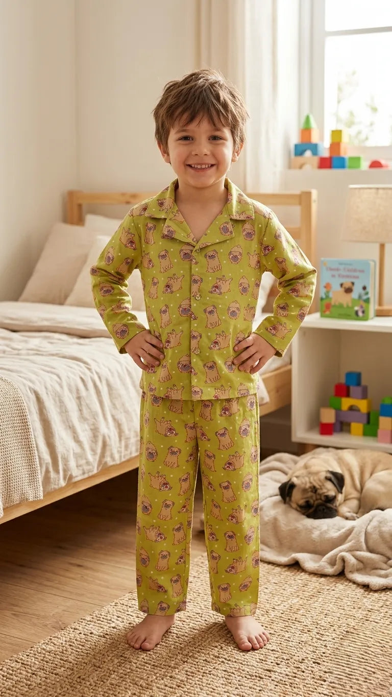 Kids Olive Green & Beige Pug Print Night Suit