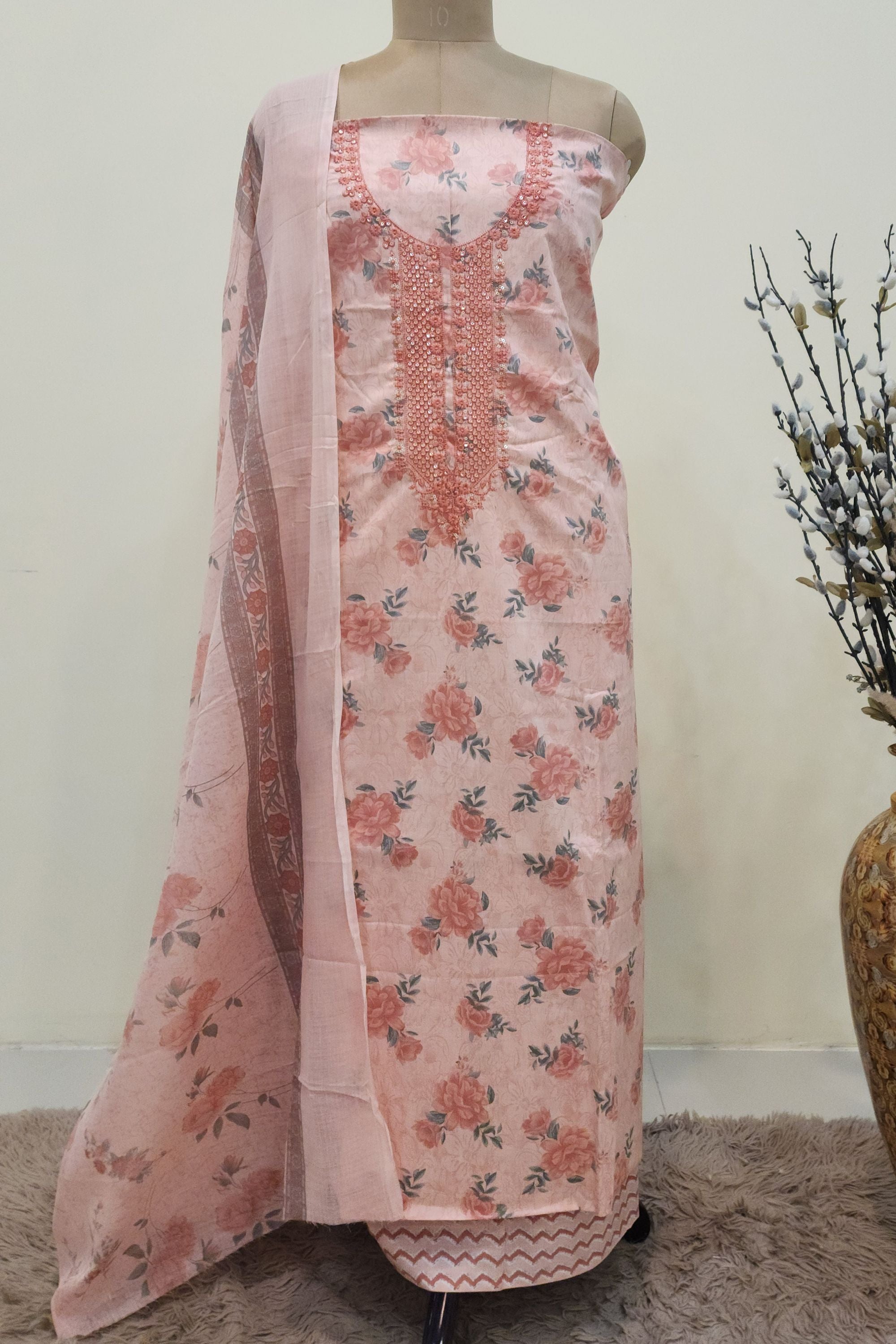 Women's Pure Cotton Peach Floral Print Unstitched Suit Set