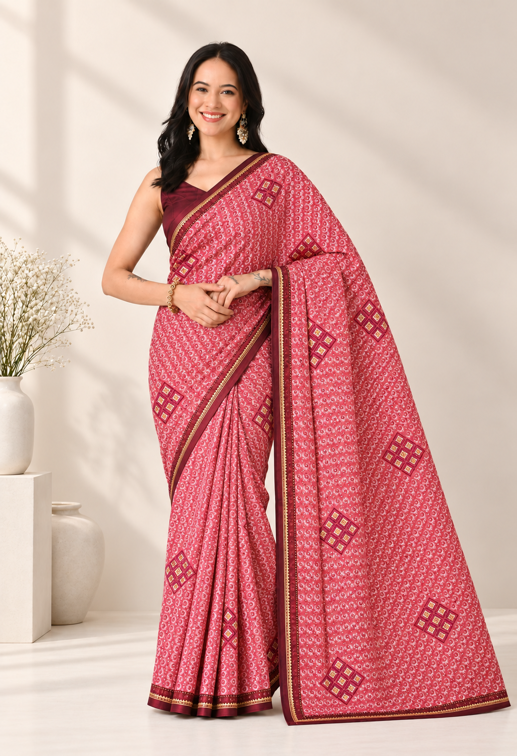 Elegant Red Chiffon Saree with Geometric Printed Design
