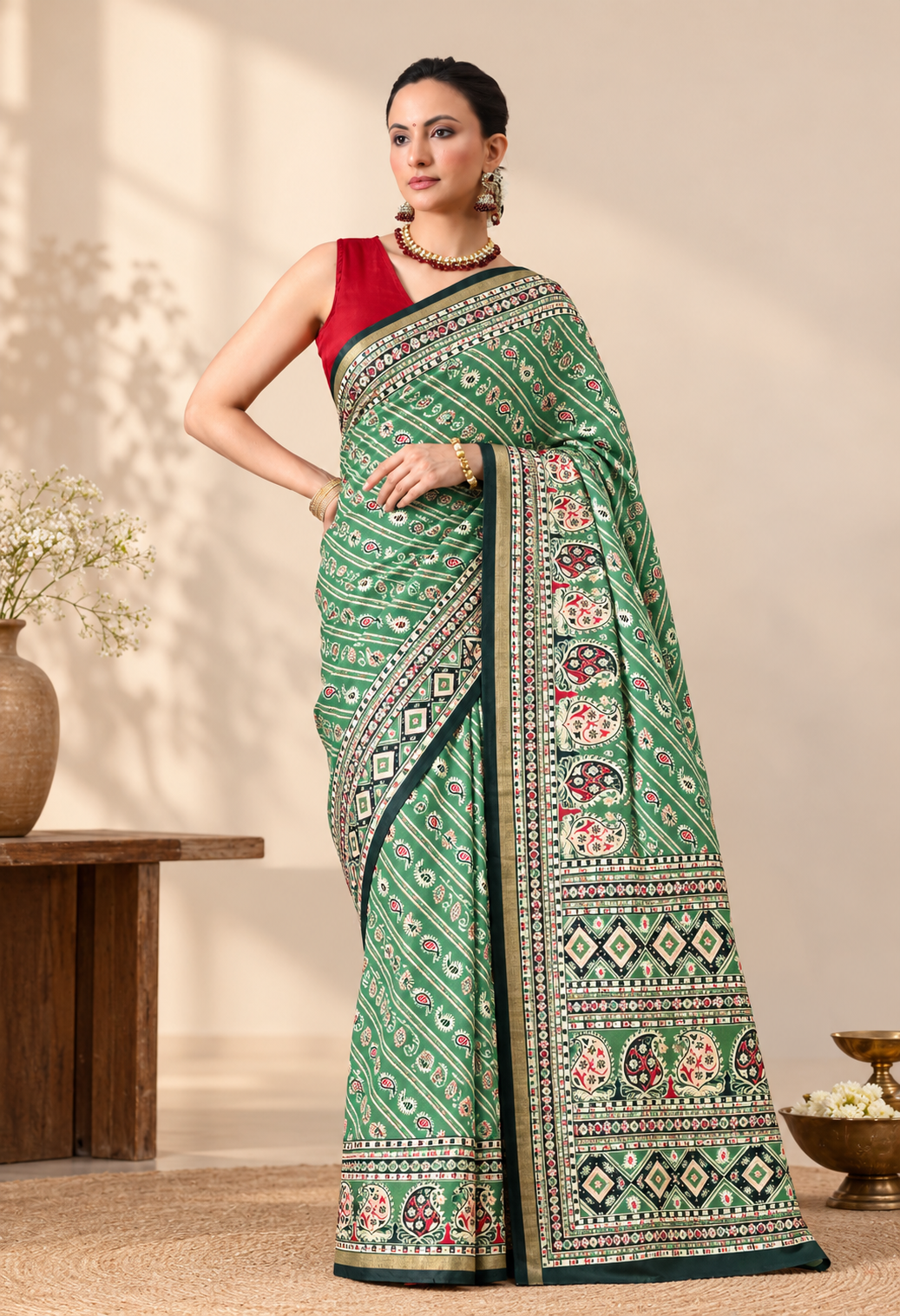 Elegant Green Printed Saree with Intricate Traditional Border & Pallu