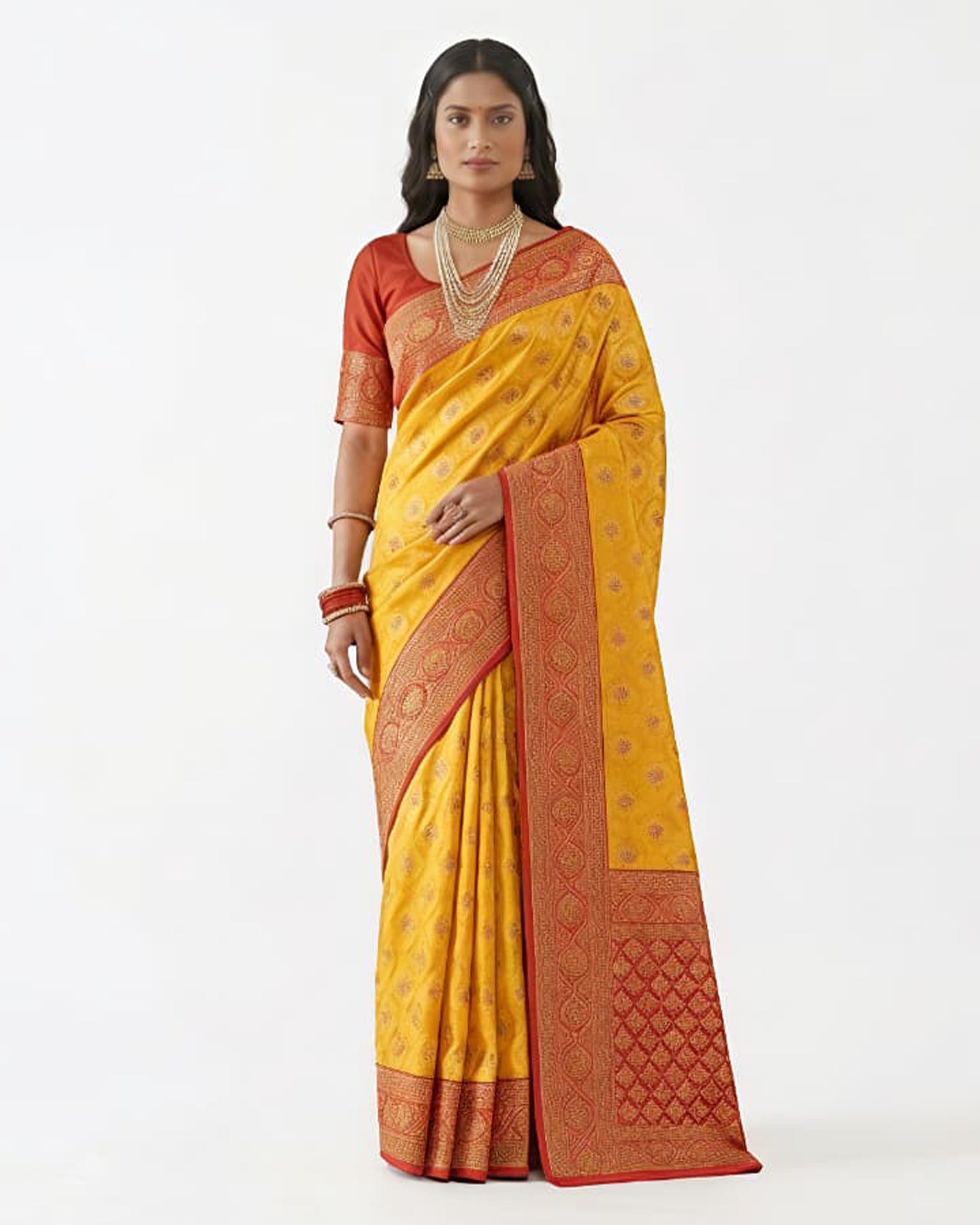 Mustard Yellow & Red Woven Design Art Silk Kanjeevaram Style Saree