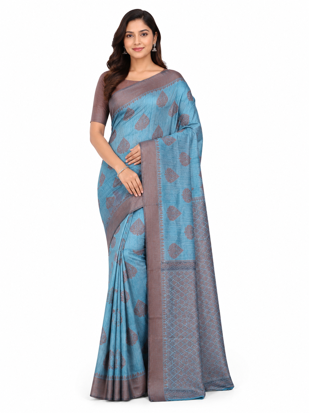 Teal Blue & Bronze-Toned Leaf Woven Design Banarasi Silk Saree with Unstitched Blouse