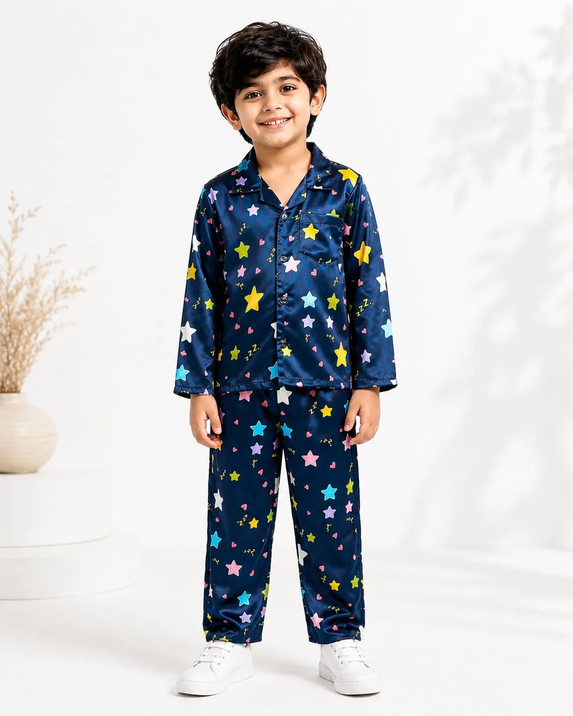 Boys Navy Blue & Multi-Colored Star Print Satin Night Suit