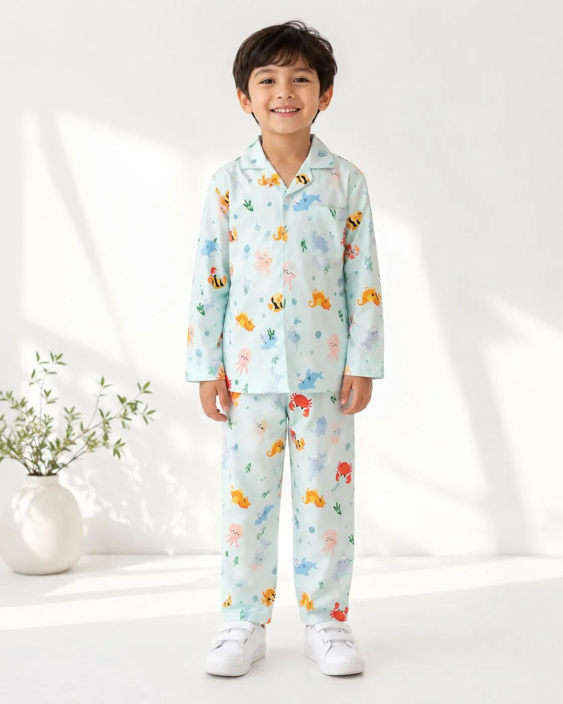 Kids Blue Sea-Life Printed Satin Long-Sleeved Night suit
