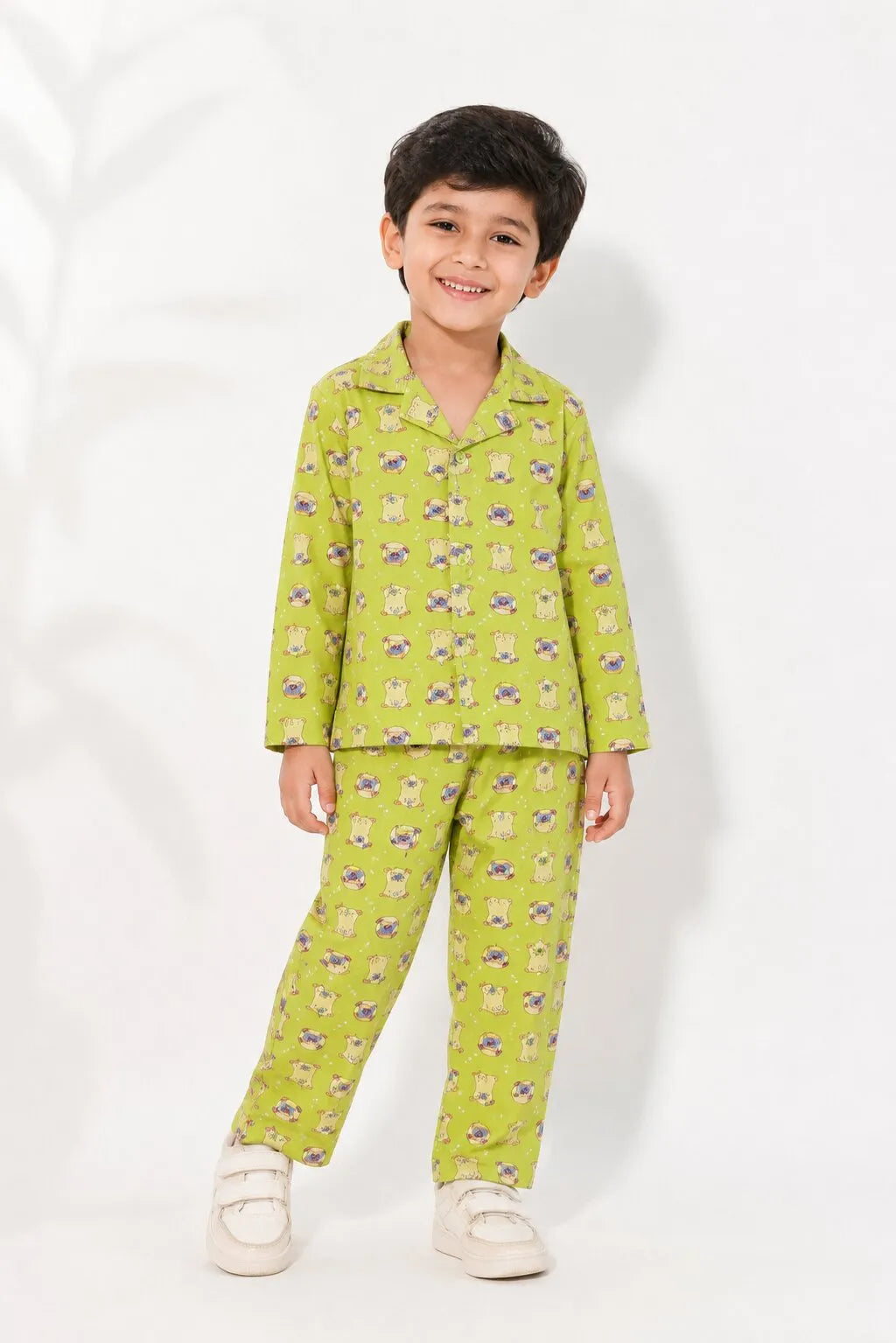 Kids Olive Green & Beige Pug Print Night Suit