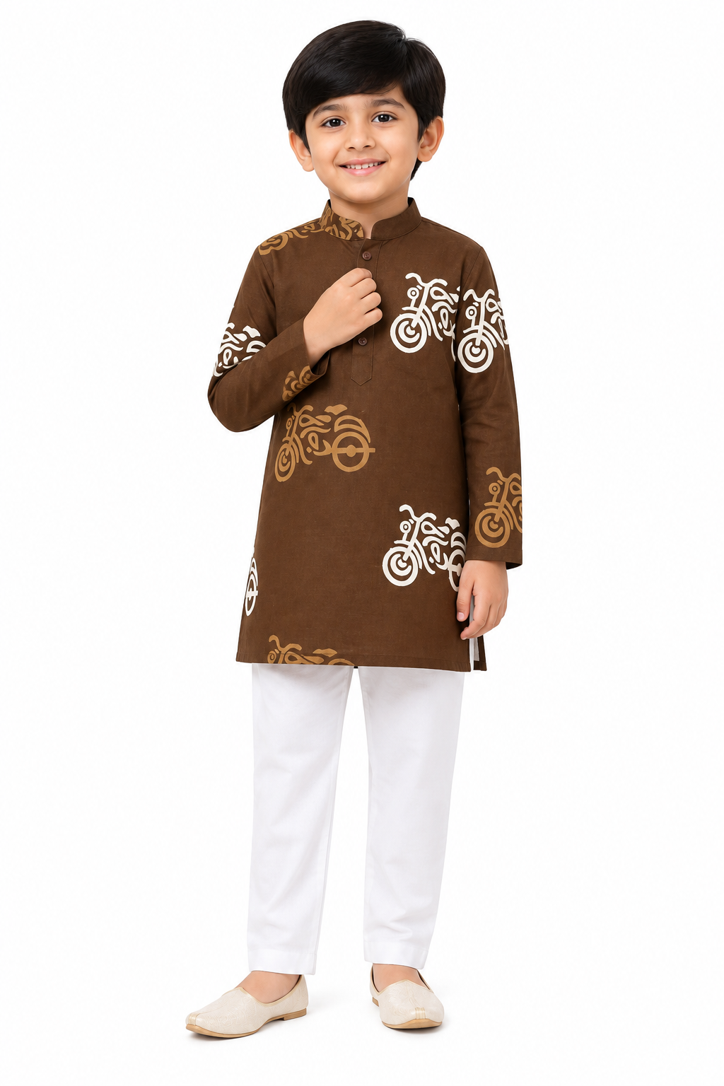 Boys Brown & White Quirky Auto-Rickshaw Printed Pure Cotton Kurta with Pyjamas