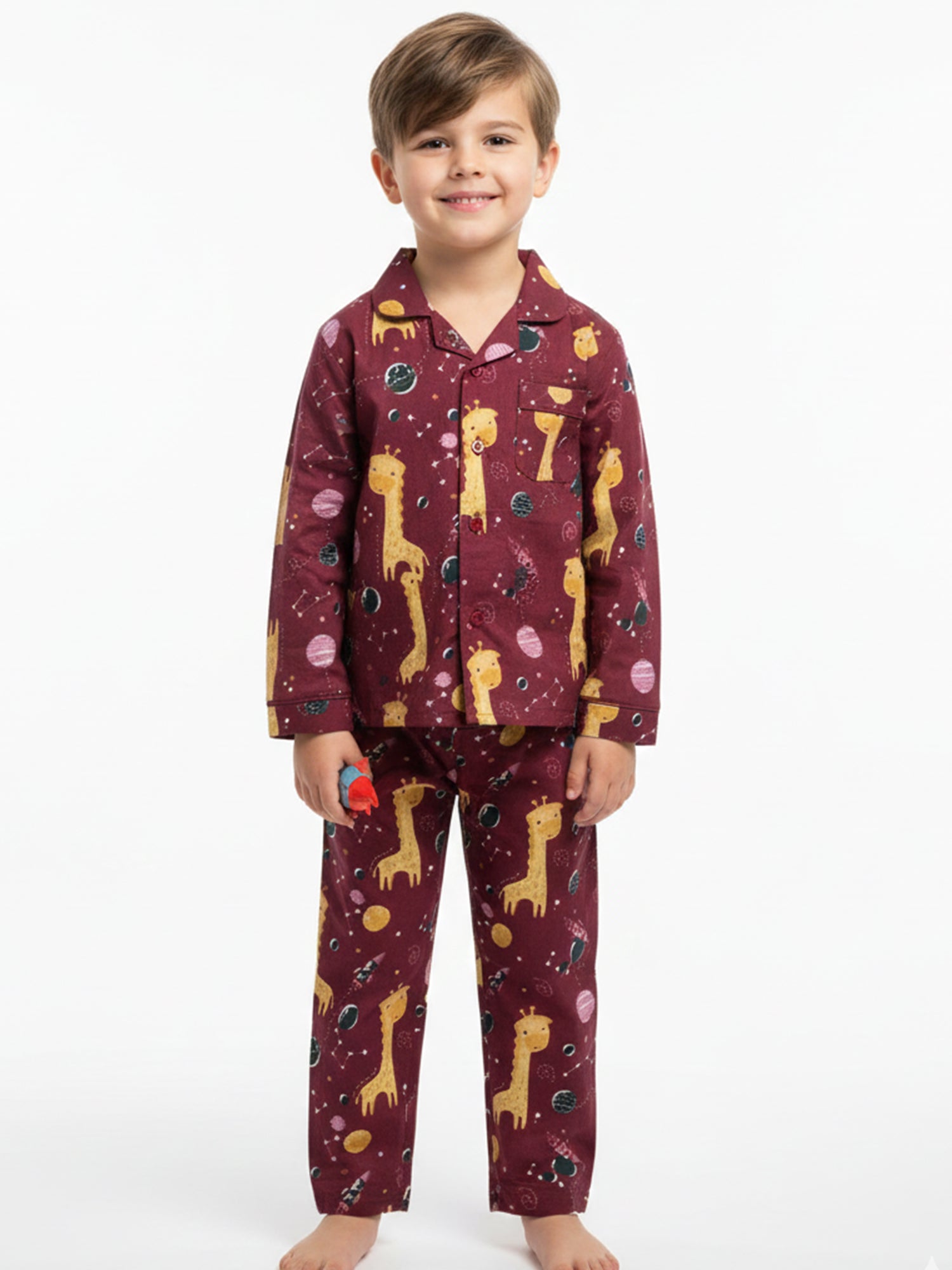 Kids Boys Maroon & Yellow Printed Pure Cotton Night Suit
