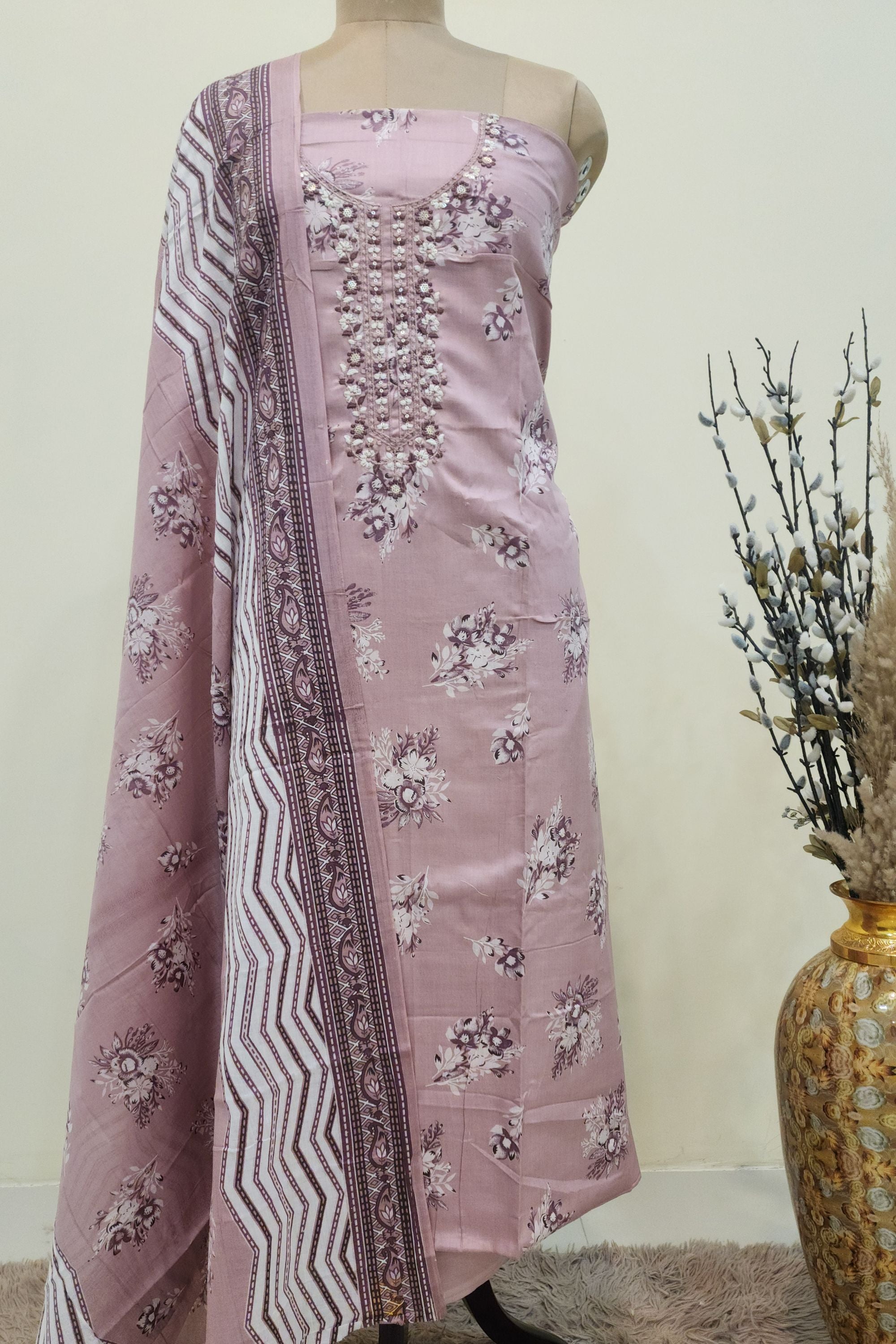 Women's Dusty Rose Floral Printed Cotton Unstitched Suit