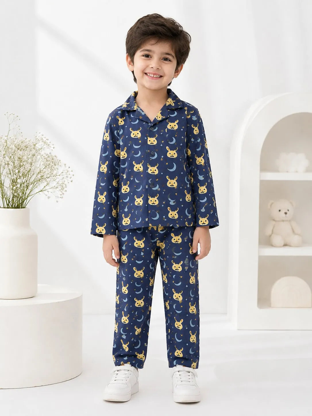 Kids Navy Blue & Yellow Bunny Print Night Suit