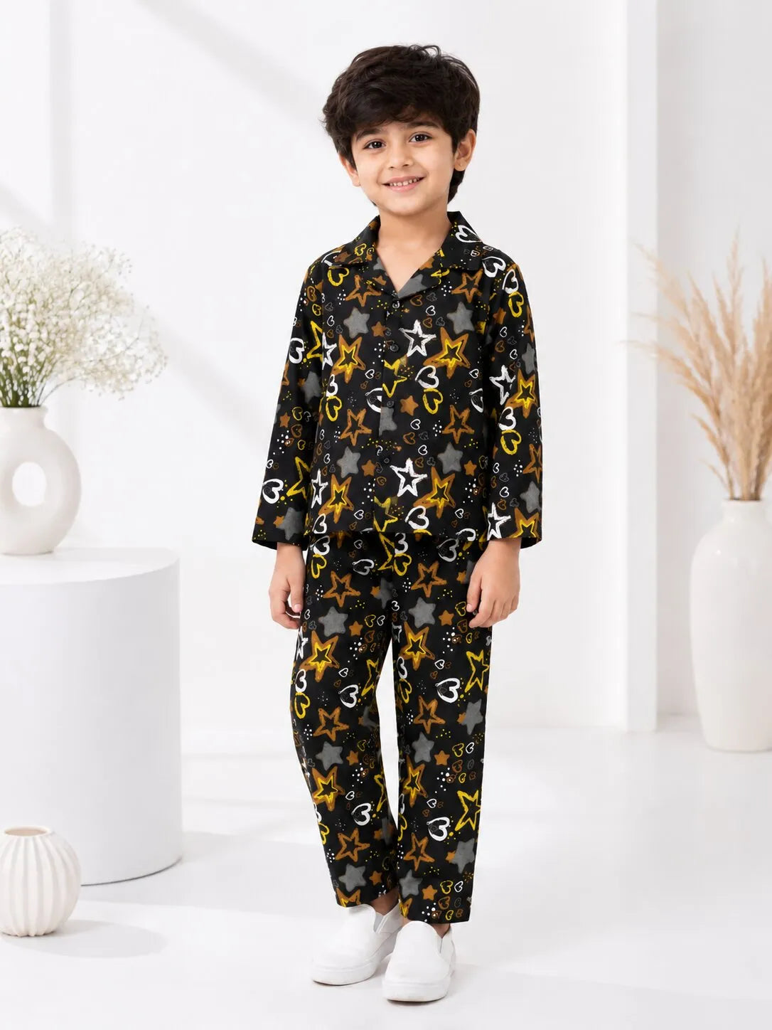 Boys Black & Yellow Star Printed Pure Cotton Night Suit