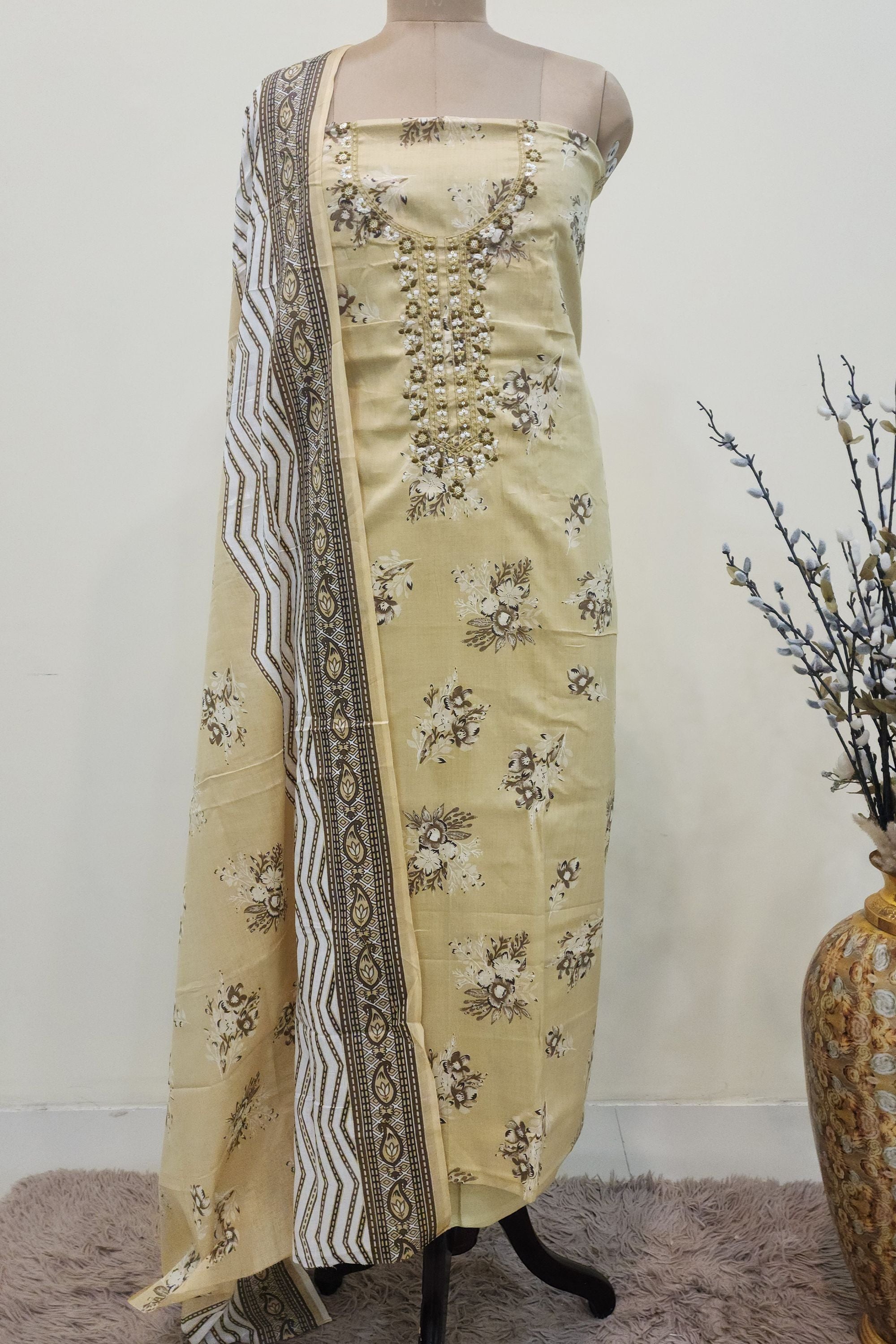 Women's Light Yellow  Floral Printed Cotton Unstitched Suit Set