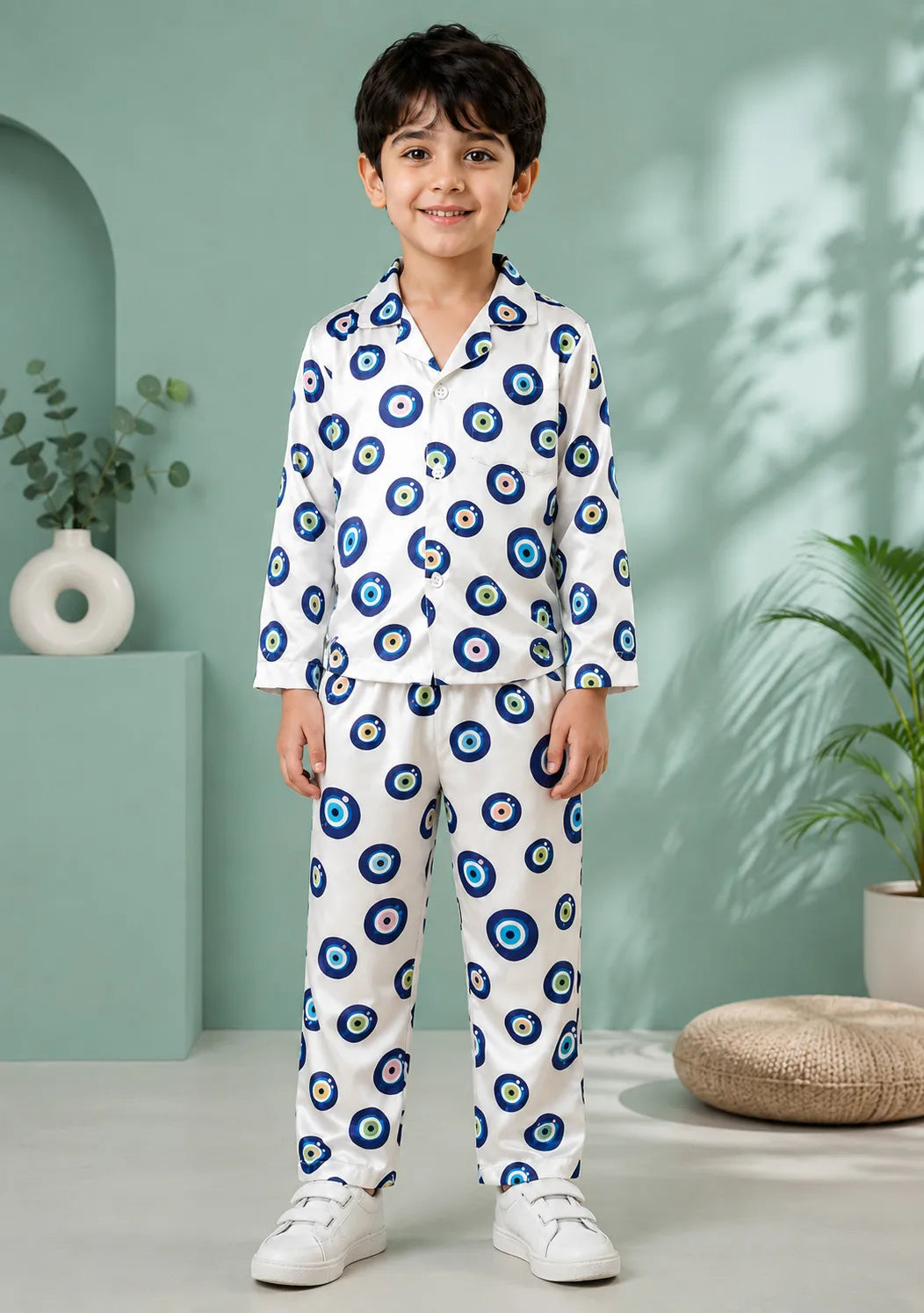 Boys' Evil Eye Printed Premium Satin Night Suit – Full Sleeve Shirt & Pajama Se