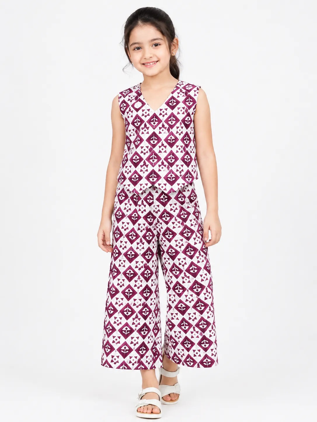 Girls' Pink Geometric Batik-Print Vest & Wide-Leg Co-Ord Set