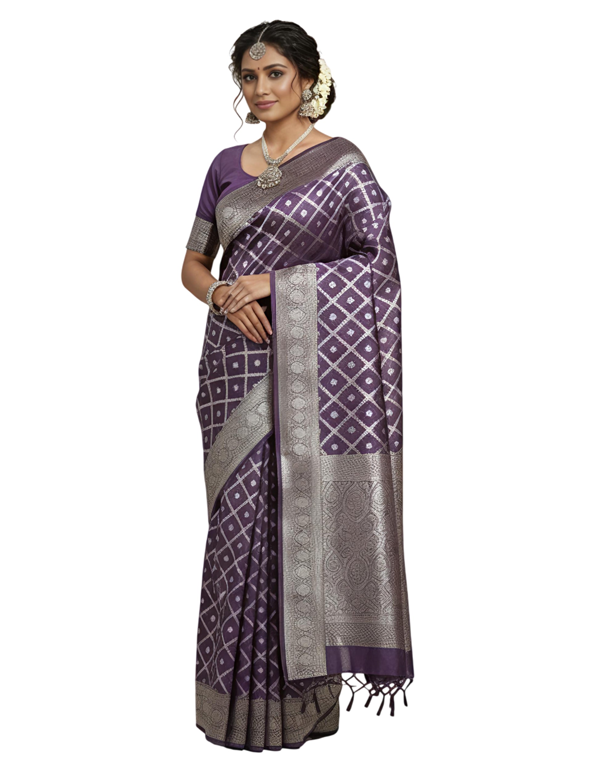 Women Purple & Silver-Toned Woven Design Zari Banarasi Silk Blend Saree