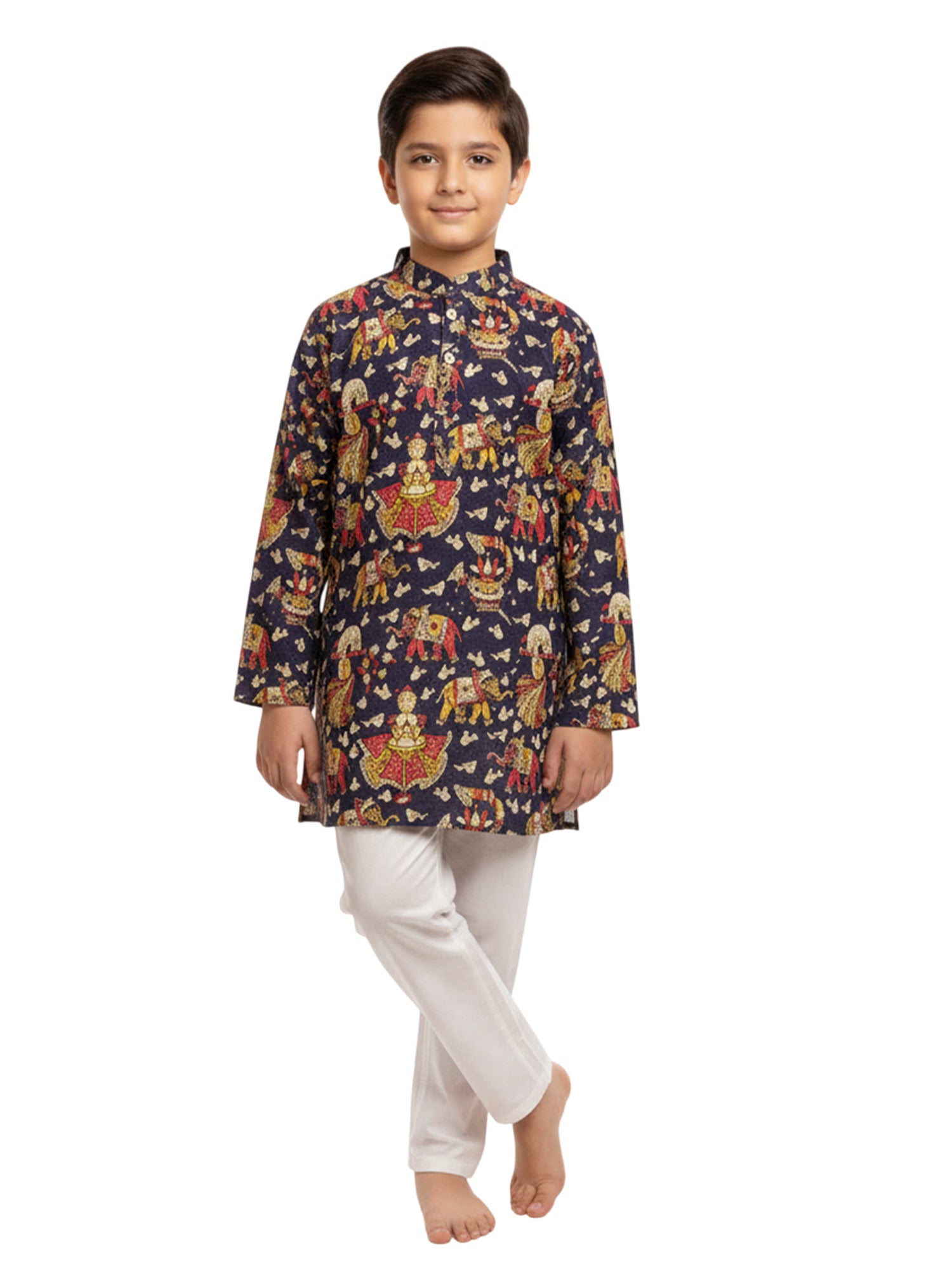 Boys' Cotton Print Kurta with White Pajama Set | Ethnic Wear for Festivals, Weddings & Parties