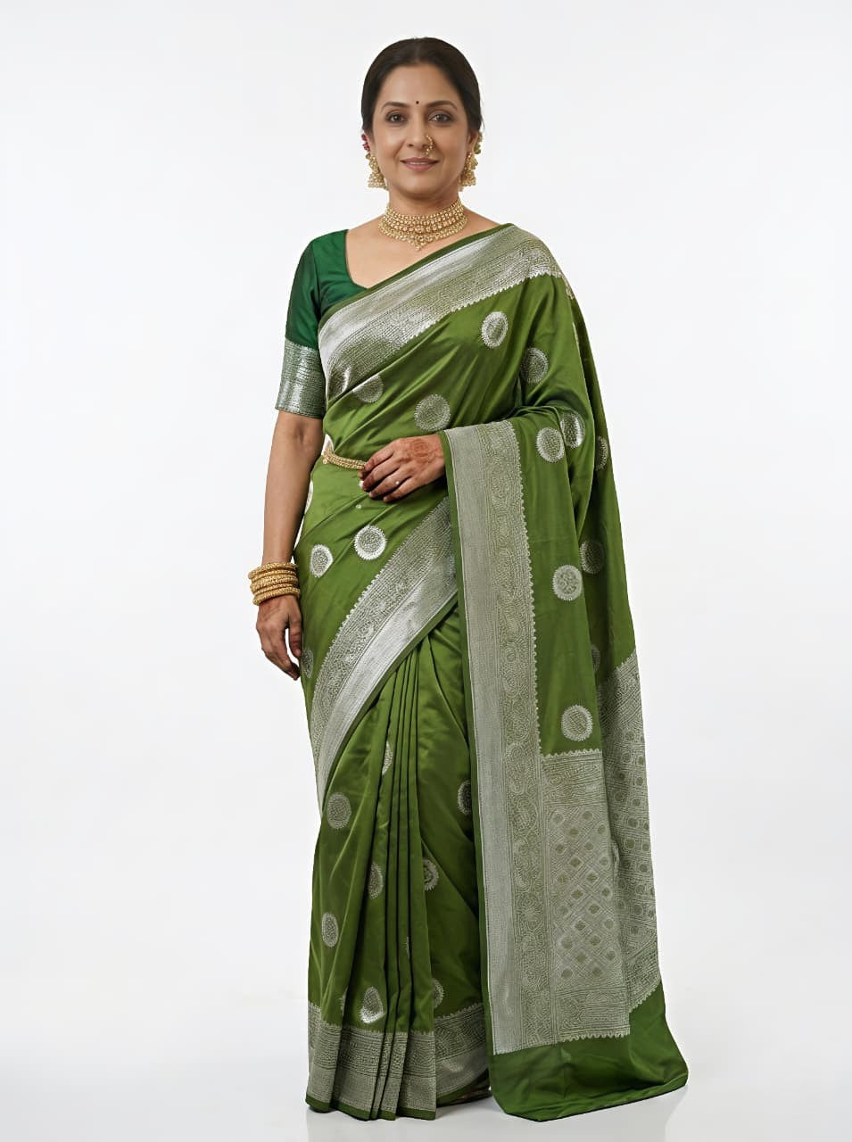 Olive Green & Silver-Toned Art Silk Woven Design Banarasi Saree