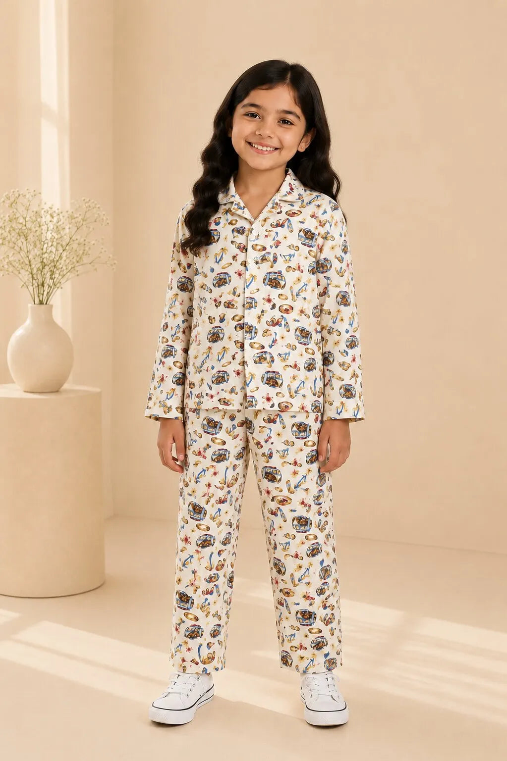 Girls Tropical Surf & Camper Print Cotton Night Suit