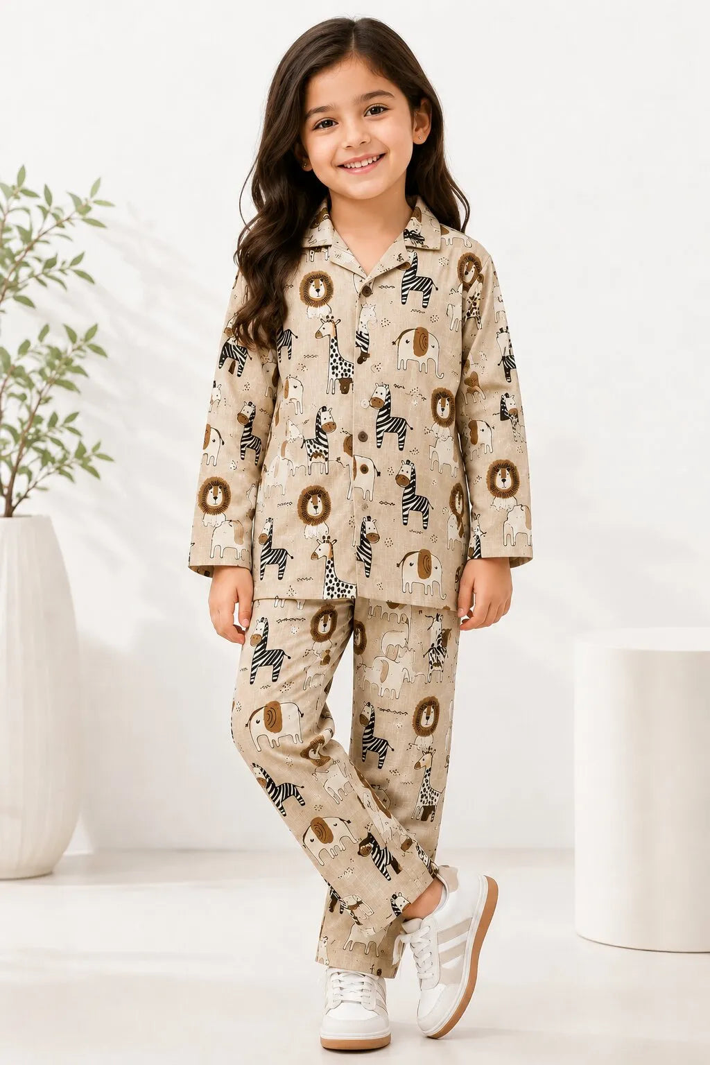 Kids Girls Full Sleeve Collared Pure Cotton Night Suit