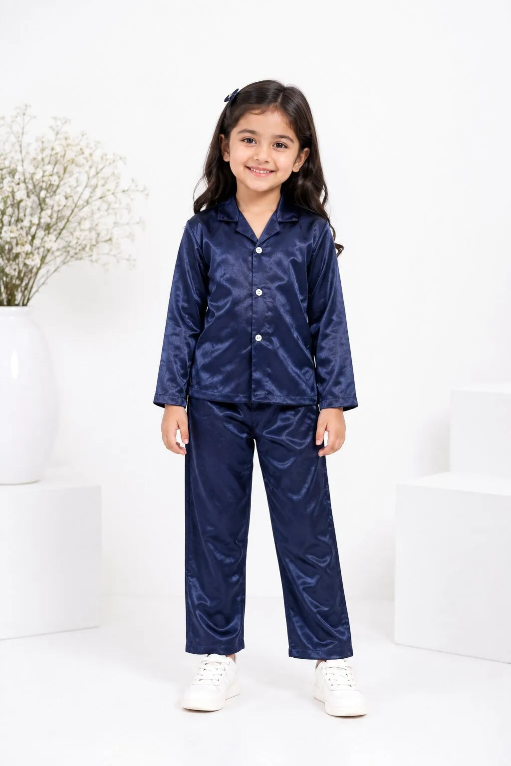 Girls Navy Blue Luxury Satin Night Suit Set – Smooth Full-Sleeve Shirt & Relaxed Pyjamas