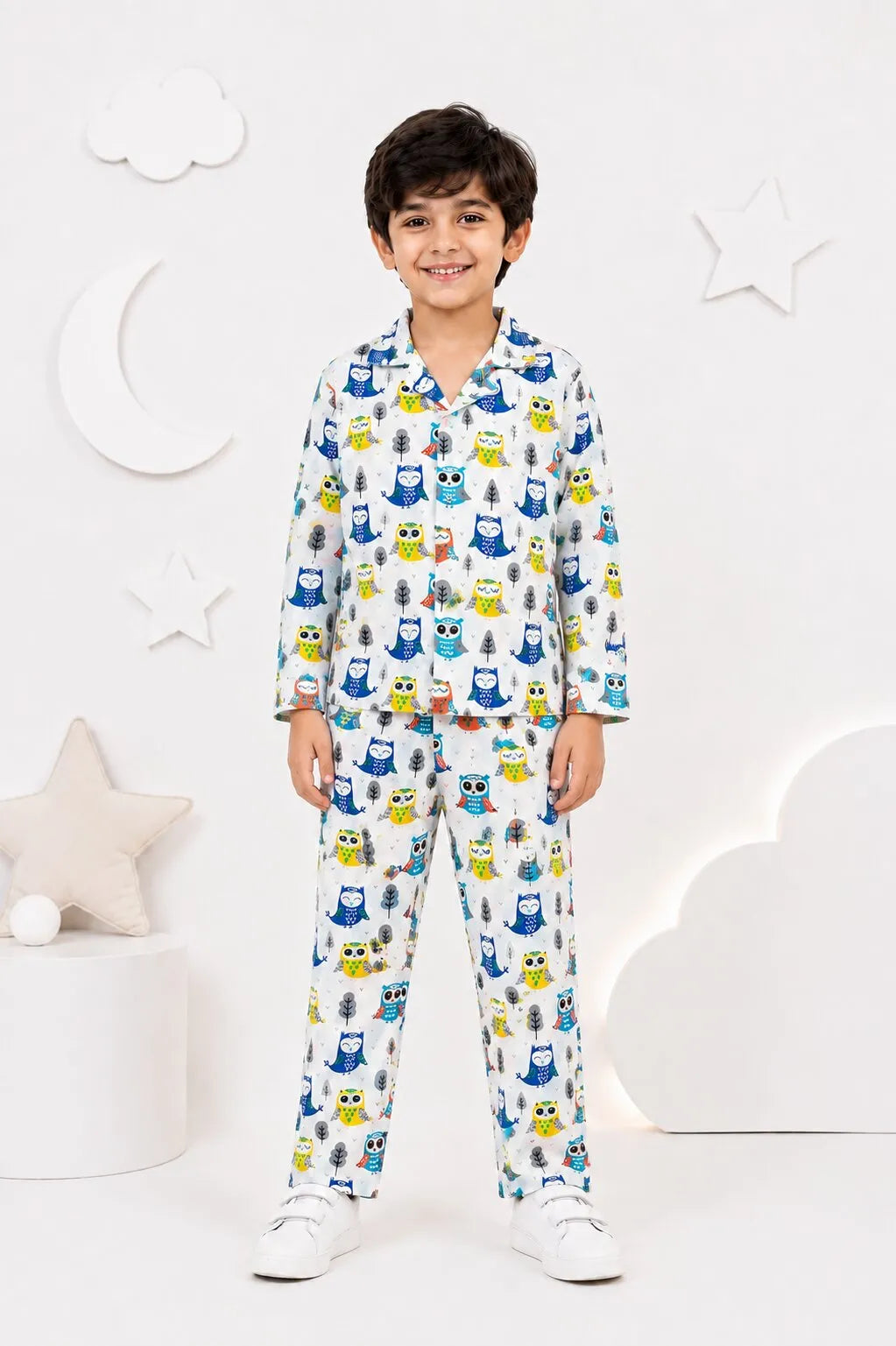 White & Blue Owl Print Pure Cotton Night Suit