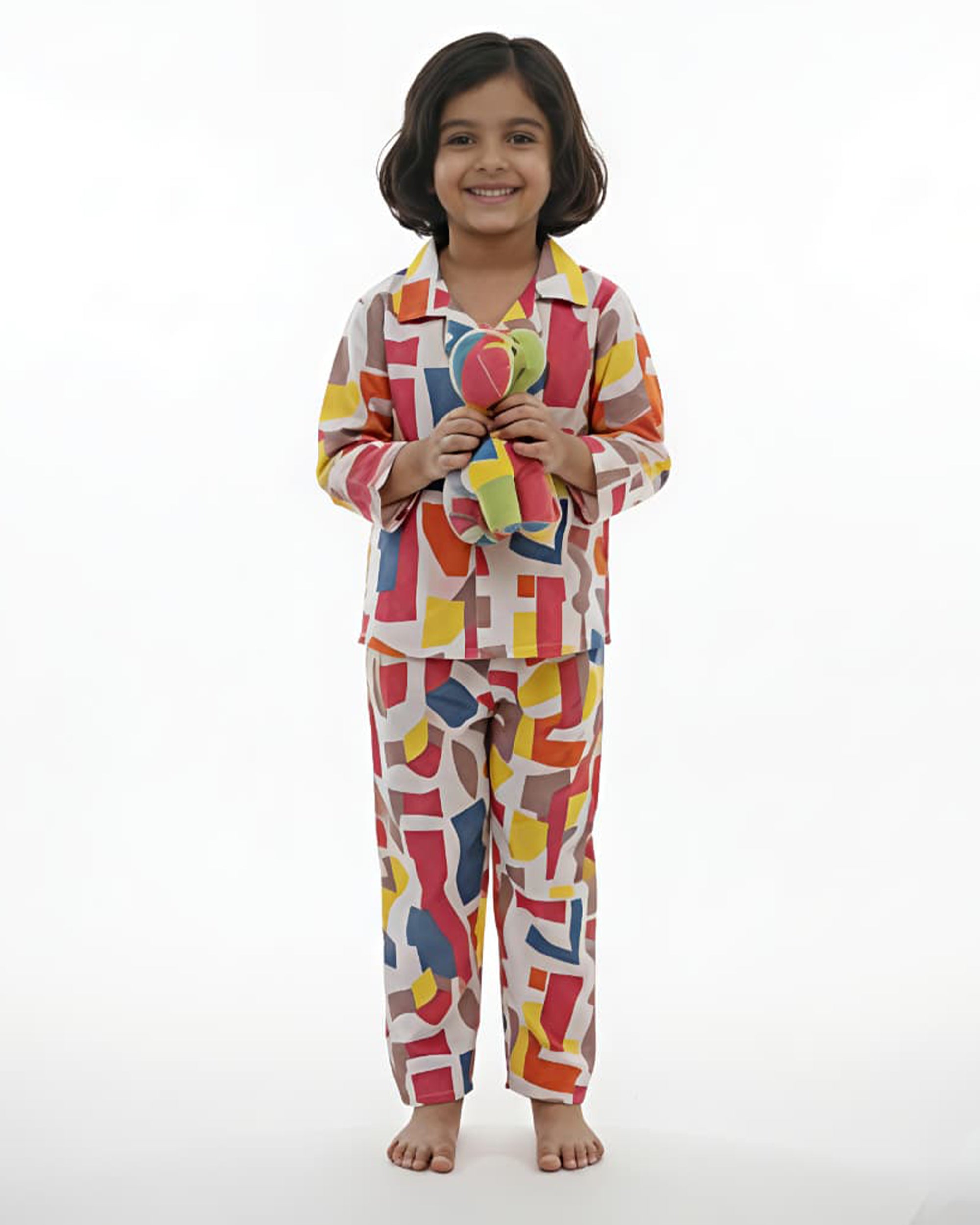 Girls Multi-Colored Abstract Geometric Print Pure Cotton Night Suit