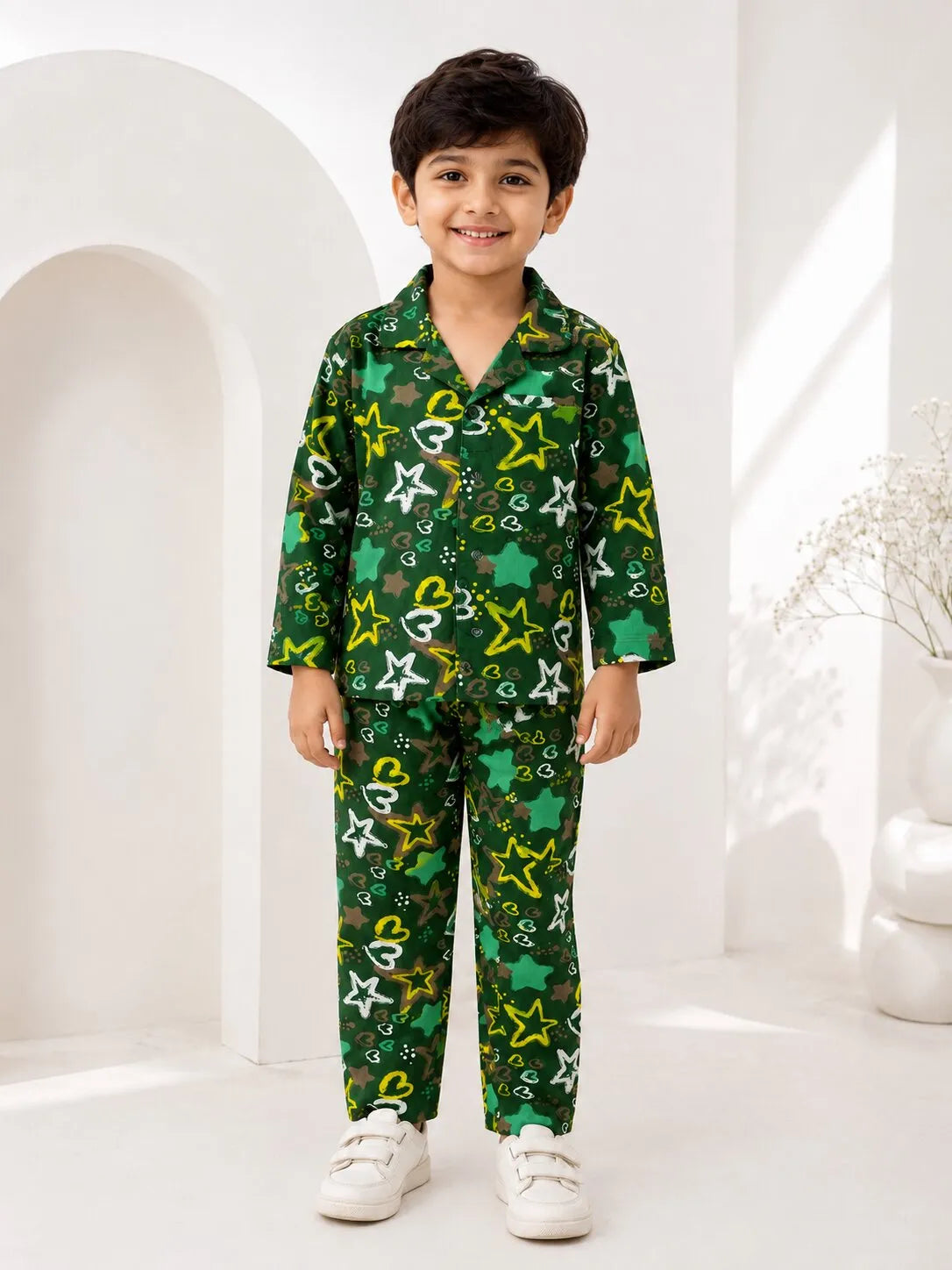 Boys Olive Green & Yellow Star Printed Pure Cotton Night Suit